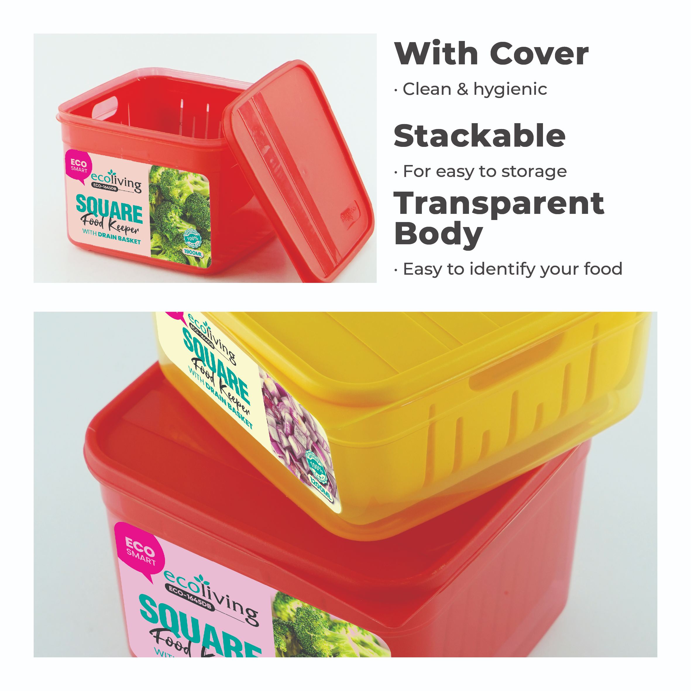 ECO LIVING 1.2/1.9L Square Airtight Eco Smart Keeper w/Drainer, Food Container, Bekas Makanan, ECO-1644DB,ECO-1645DB/C - Image 4