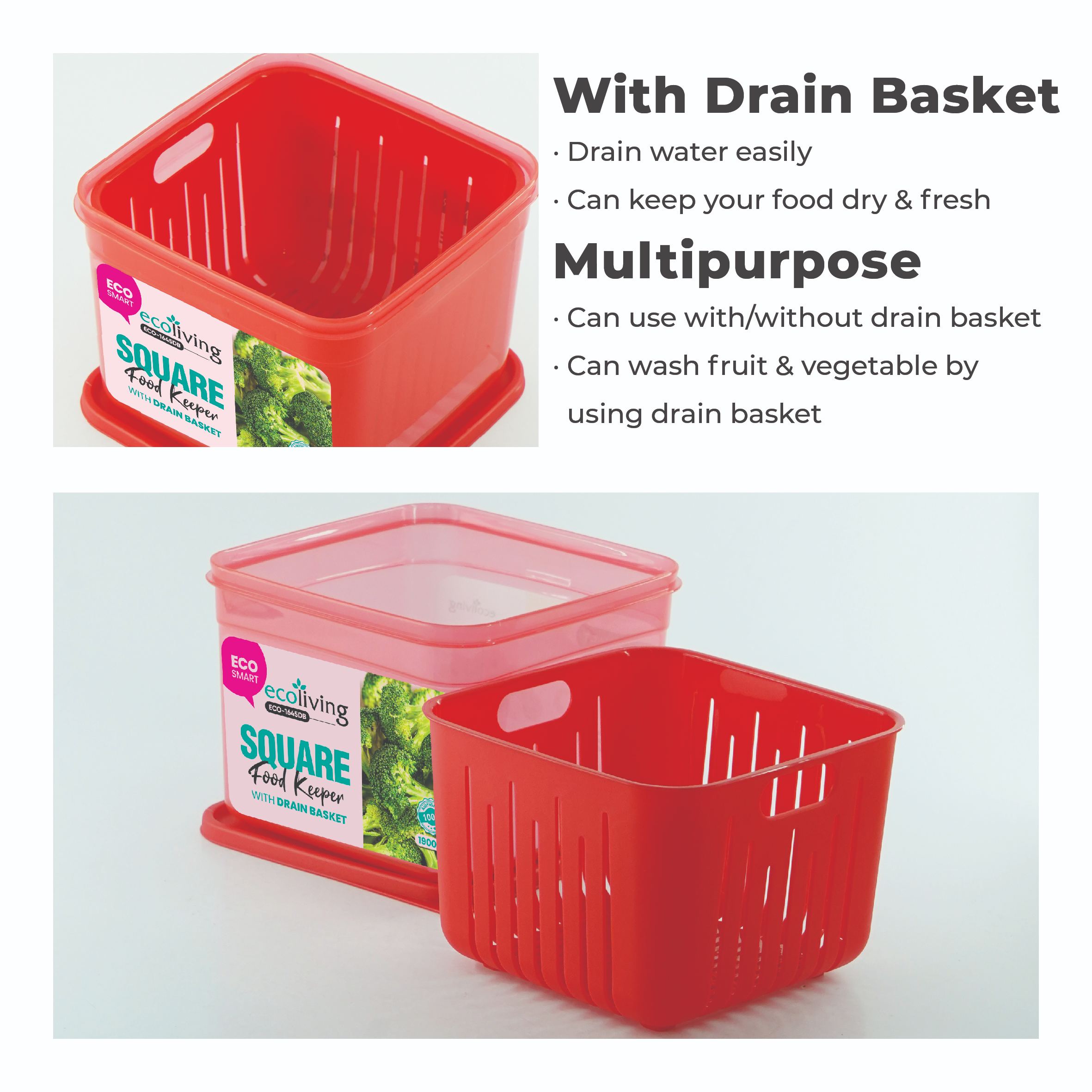 ECO LIVING 1.2/1.9L Square Airtight Eco Smart Keeper w/Drainer, Food Container, Bekas Makanan, ECO-1644DB,ECO-1645DB/C - Image 6