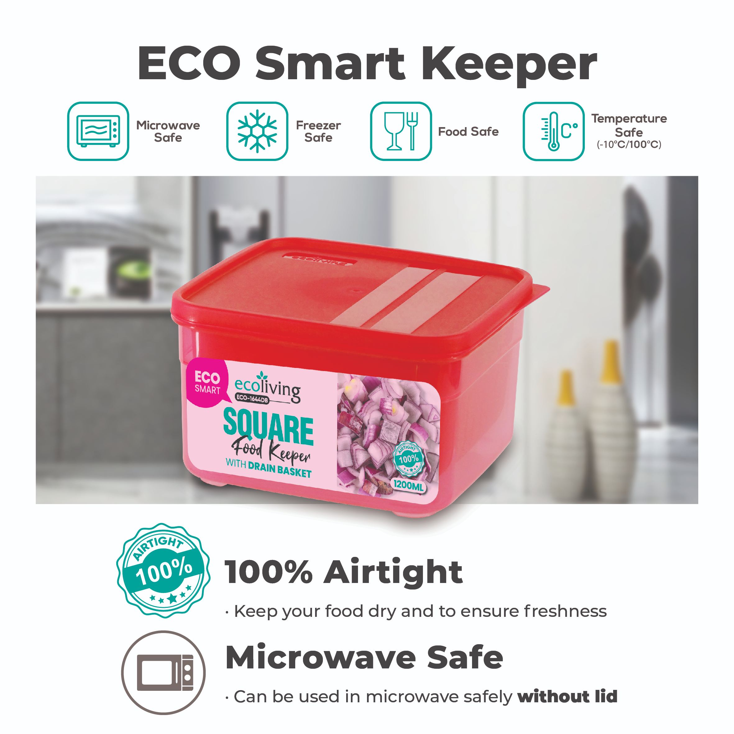 ECO LIVING 1.2/1.9L Square Airtight Eco Smart Keeper w/Drainer, Food Container, Bekas Makanan, ECO-1644DB,ECO-1645DB/C - Image 7