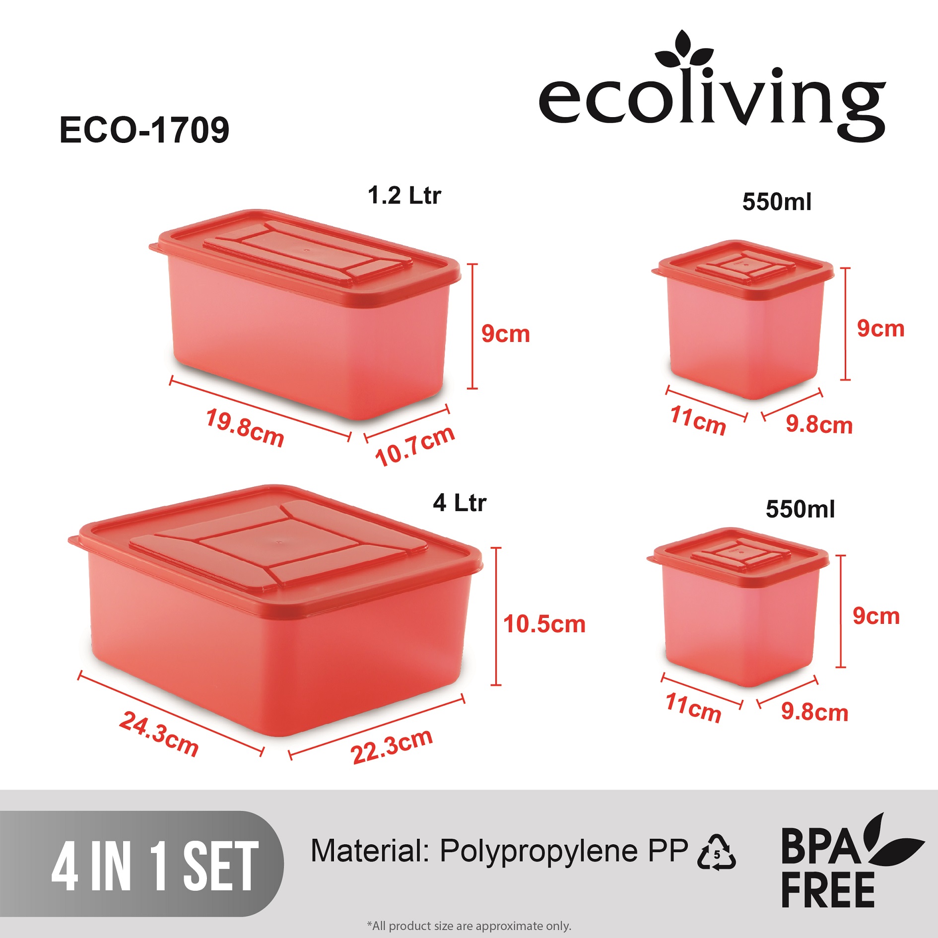 ECO LIVING Stack Smart 4000/1200/550ML 4 in 1 Stackable Colourful Food Keeper Set, Food Storage, Bekas Makan, ECO-1709 - Image 2