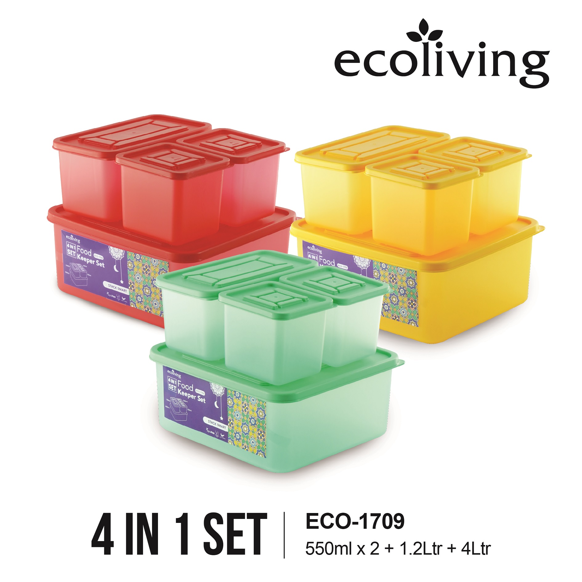 ECO LIVING Stack Smart 4000/1200/550ML 4 in 1 Stackable Colourful Food Keeper Set, Food Storage, Bekas Makan, ECO-1709 - Image 3