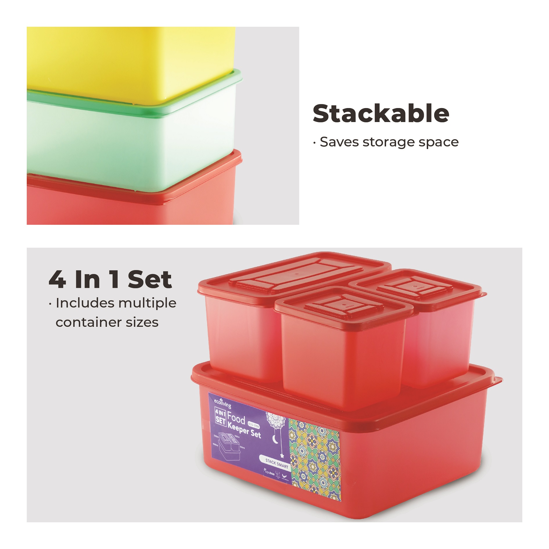 ECO LIVING Stack Smart 4000/1200/550ML 4 in 1 Stackable Colourful Food Keeper Set, Food Storage, Bekas Makan, ECO-1709 - Image 4