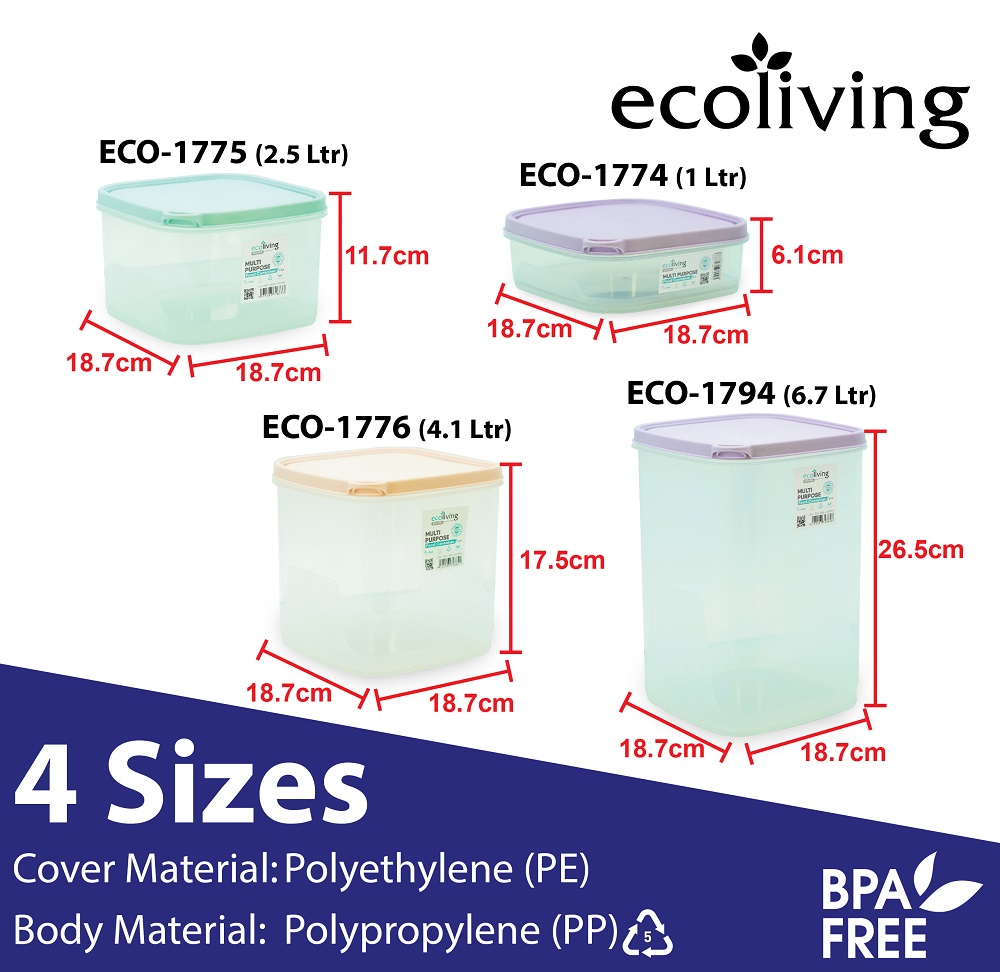 ECO LIVING Food Container With Square Shape,Airtight Food Storage, Bekas Makanan,ECO-1774,ECO-1775,ECO-1776,ECO-1794 - Image 2