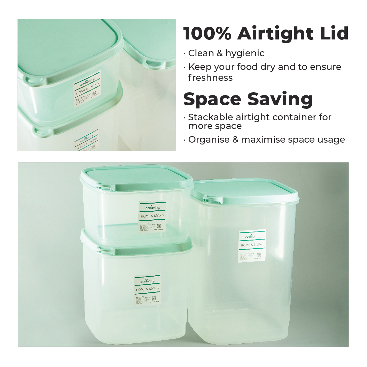ECO LIVING CARTON DEAL 12Pcs/Ctn 1/2.5/4.1/6.7Ltr Airtight Square Food Storage,Trans. Bekas Makan,ECO-1774,75,76,94-12 - Image 6