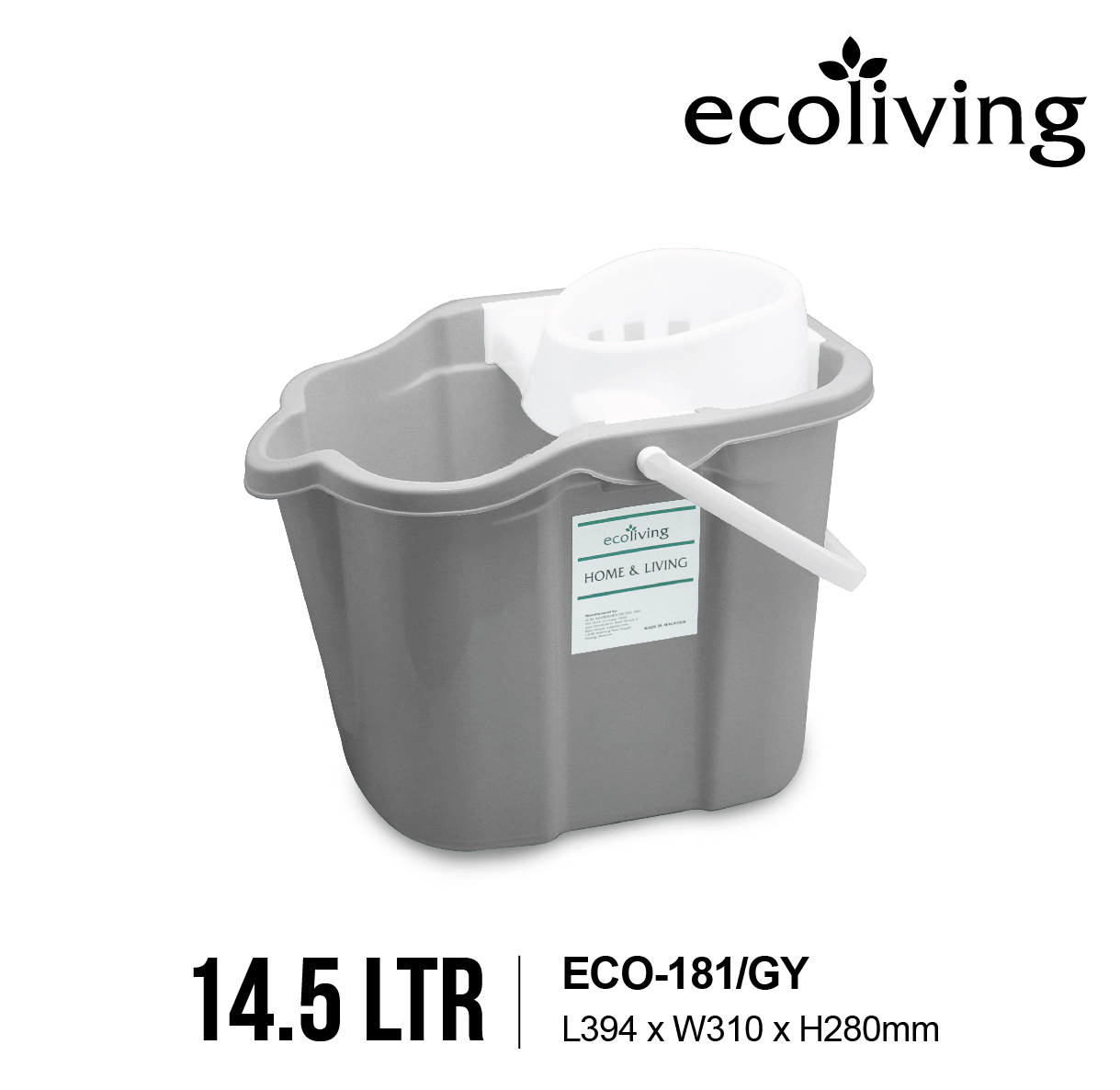 ECO LIVING Mopping Pail With Rollers And Handle, Removable Cover, Mop Lantai Bucket, Baldi Mengepel, ECO-181/GY