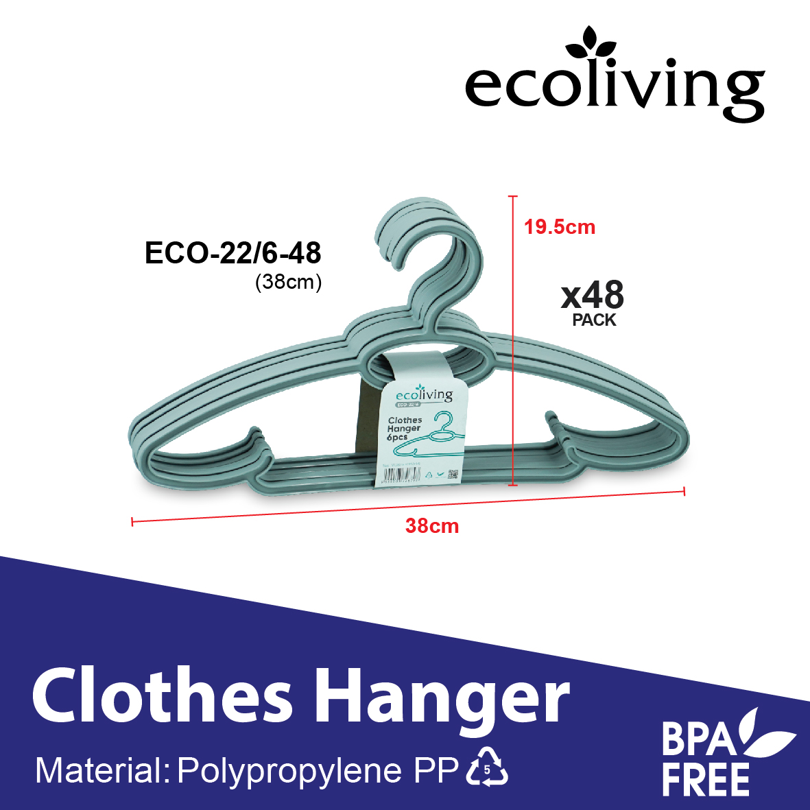 ECO LIVING CARTON DEAL 48Pcs/Pack Colourful Modern Clothes Hanger Set With 2 Side Hooks,Penyangkut Baju,ECO-22/6-48 - Image 2