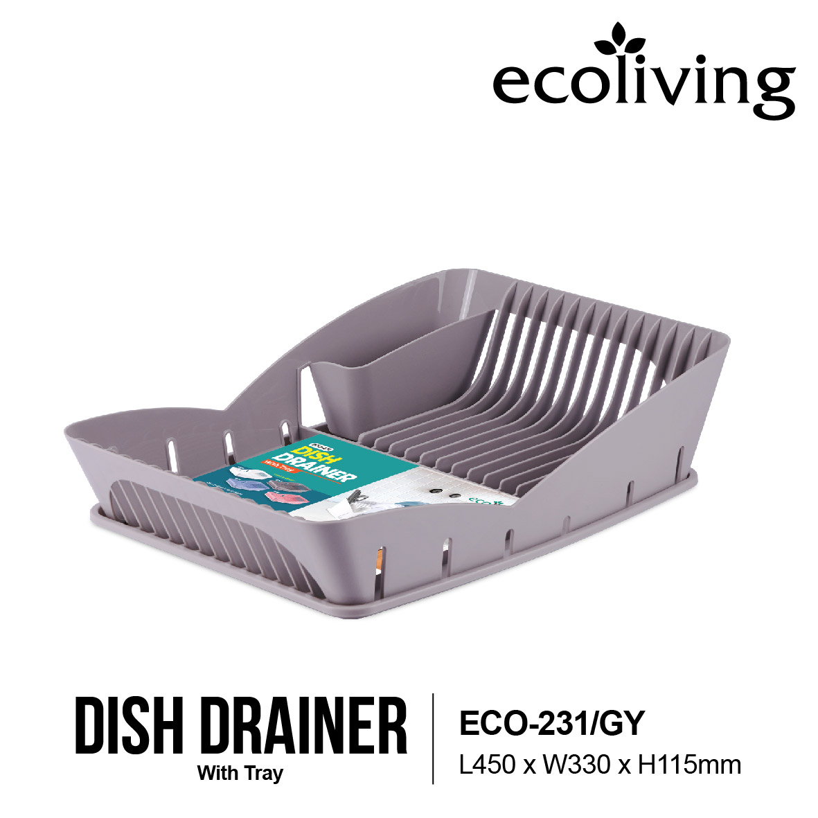 ECO LIVING Kitchen Dish Drainer With Tray, Disk Rack, Cup Drainer, Alat Dapur Rak Pinggan Mangkuk, ECO-231,GY,WH - Image 2