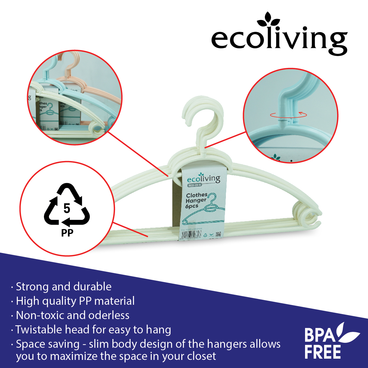 ECO LIVING CARTON DEAL 48Pcs/Pack Modern Twistable Head Clothes Hanger Set W/2 Side Hooks,Penyangkut Baju, ECO-23/6/WH-48, ECO-23/6/GY-48 - Image 4