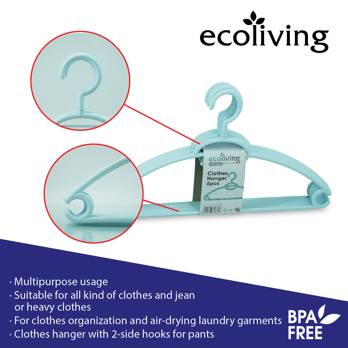 ECO LIVING CARTON DEAL 48Pcs/Pack Modern Twistable Head Clothes Hanger Set W/2 Side Hooks,Penyangkut Baju, ECO-23/6/WH-48, ECO-23/6/GY-48 - Image 3