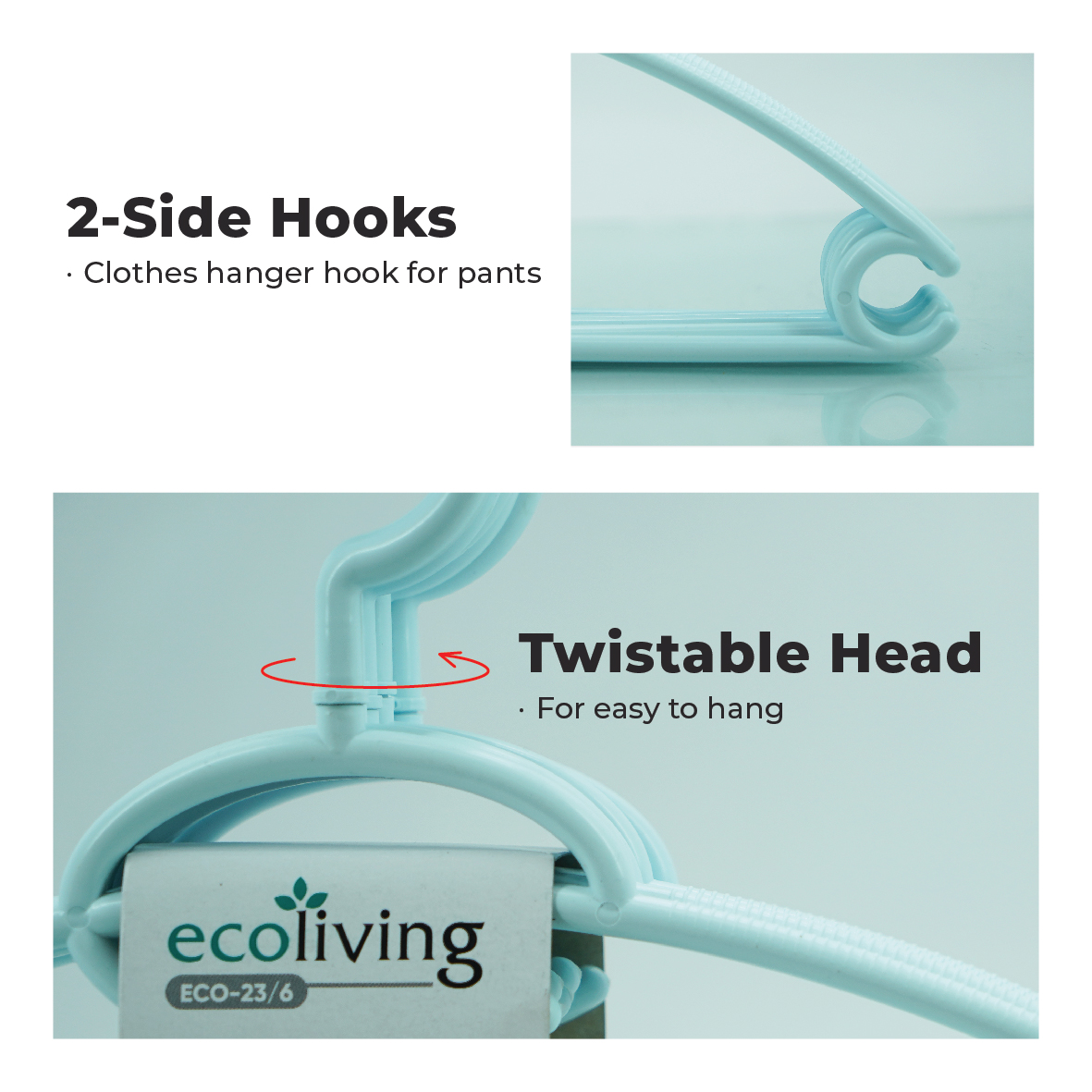 ECO LIVING CARTON DEAL 48Pcs/Pack Modern Twistable Head Clothes Hanger Set W/2 Side Hooks,Penyangkut Baju, ECO-23/6/WH-48, ECO-23/6/GY-48 - Image 6