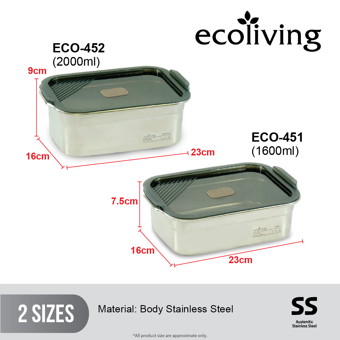 ECO LIVING 1600/2000ml ECO STEEL Airtight Stainless Steel Lunch Box With Handle, Bekas Makan, ECO-451, ECO-452 - Image 3
