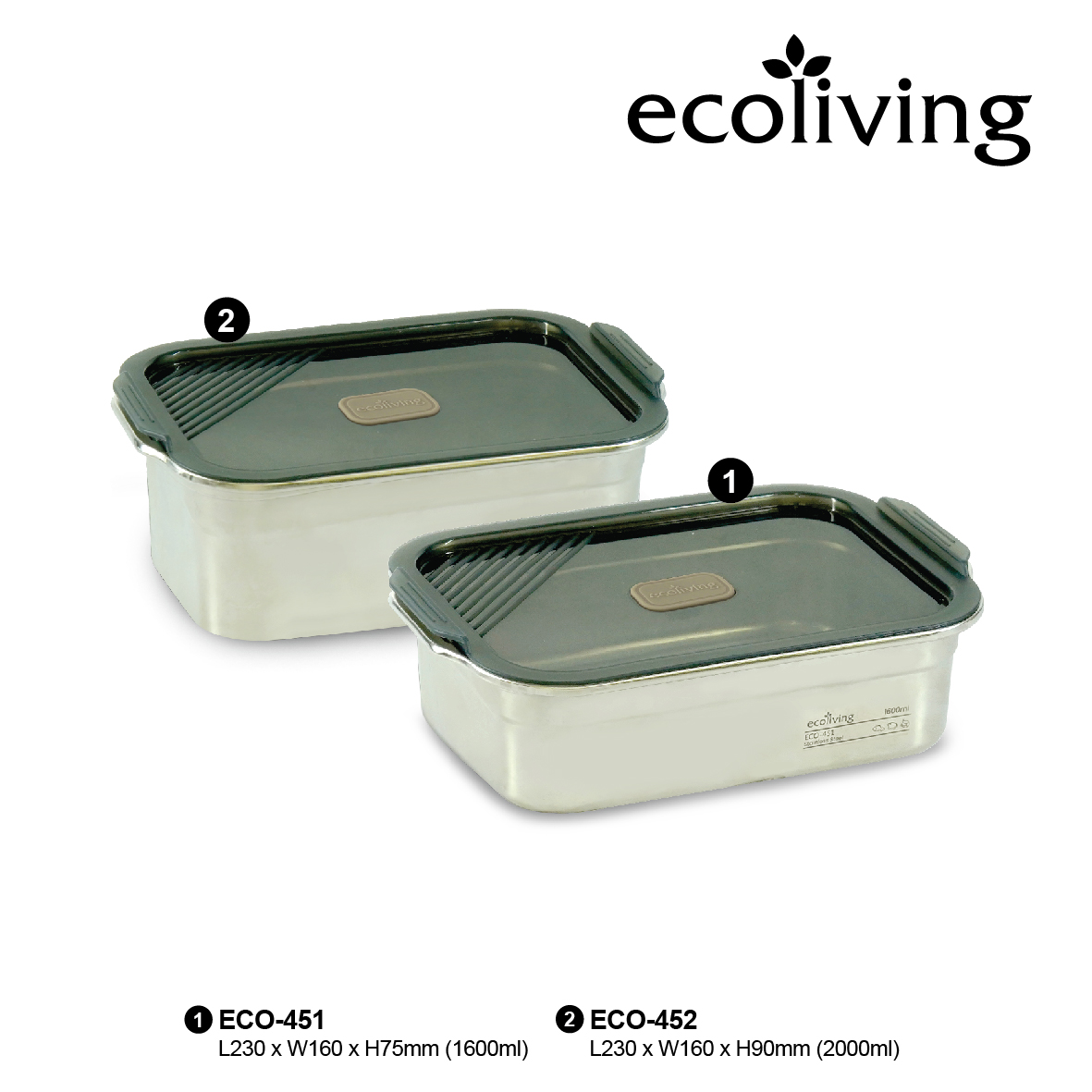 ECO LIVING 1600/2000ml ECO STEEL Airtight Stainless Steel Lunch Box With Handle, Bekas Makan, ECO-451, ECO-452 - Image 2