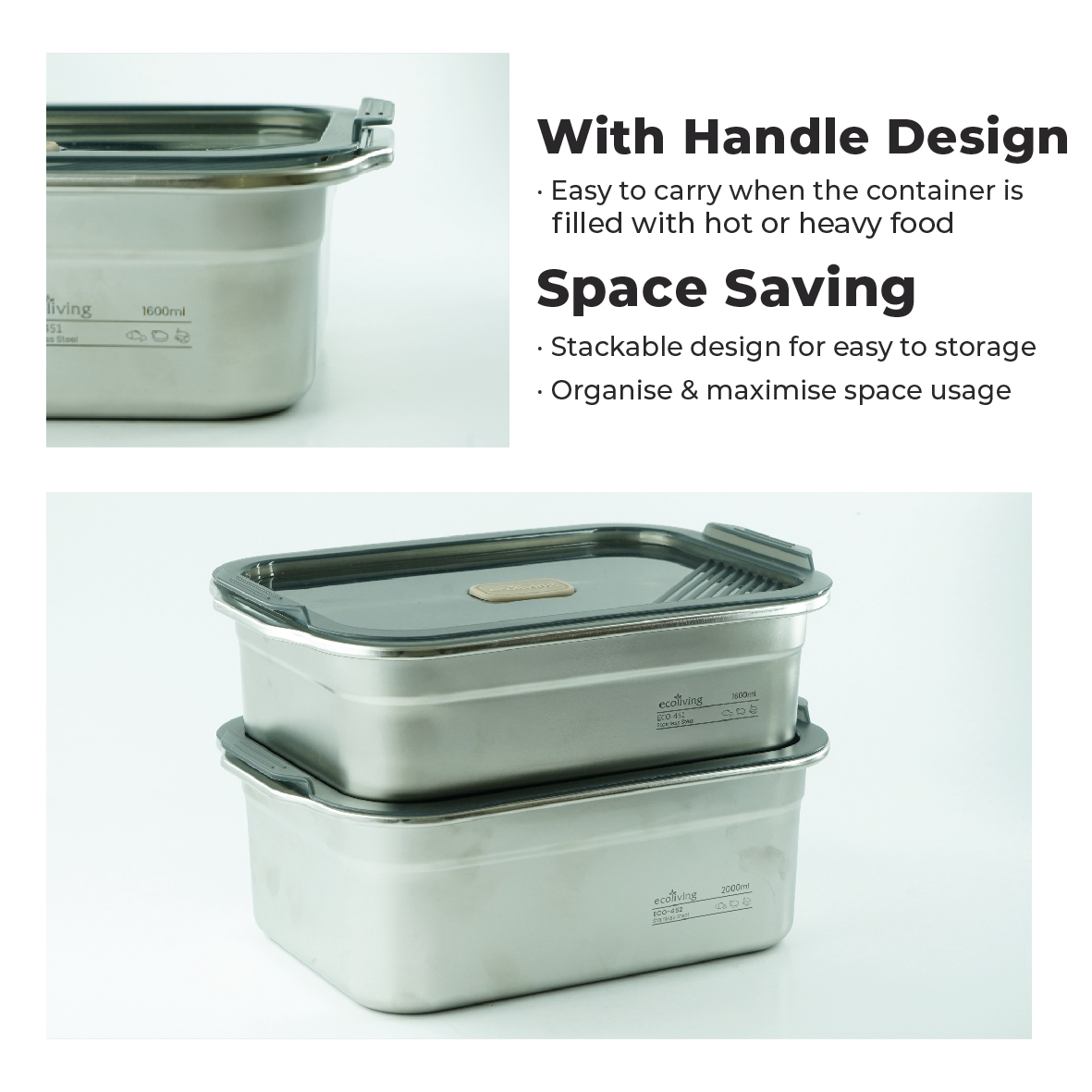 ECO LIVING 1600/2000ml ECO STEEL Airtight Stainless Steel Lunch Box With Handle, Bekas Makan, ECO-451, ECO-452 - Image 5
