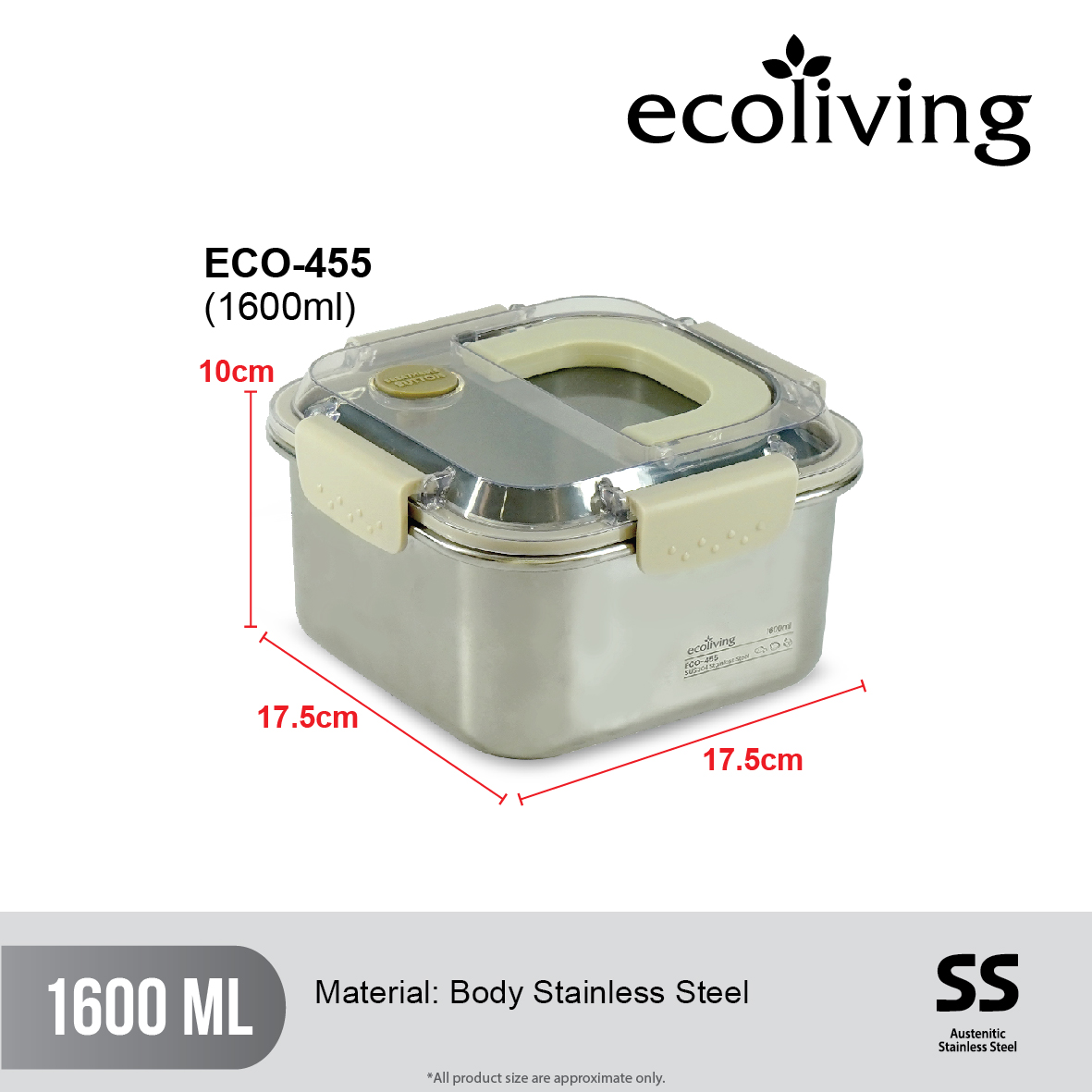 ECO LIVING 1600ml ECO STEEL Airtight Stainless Steel Lunch Box With Lock and Handle, Bekas Makan, ECO-455 - Image 2