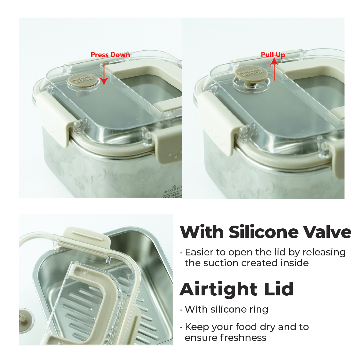 ECO LIVING 1600ml ECO STEEL Airtight Stainless Steel Lunch Box With Lock and Handle, Bekas Makan, ECO-455 - Image 3