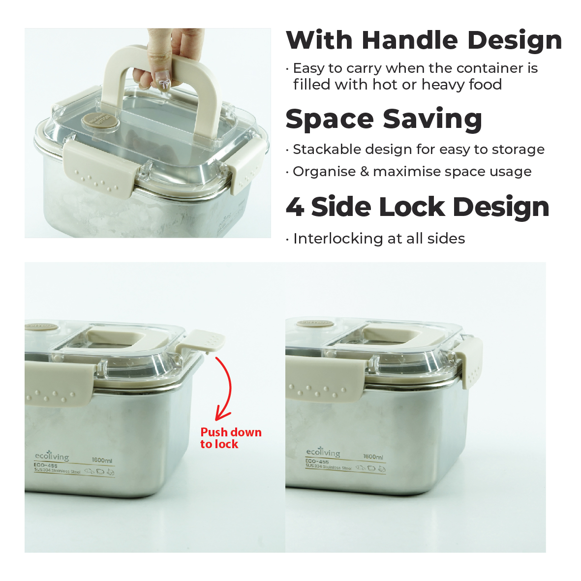 ECO LIVING 1600ml ECO STEEL Airtight Stainless Steel Lunch Box With Lock and Handle, Bekas Makan, ECO-455 - Image 4