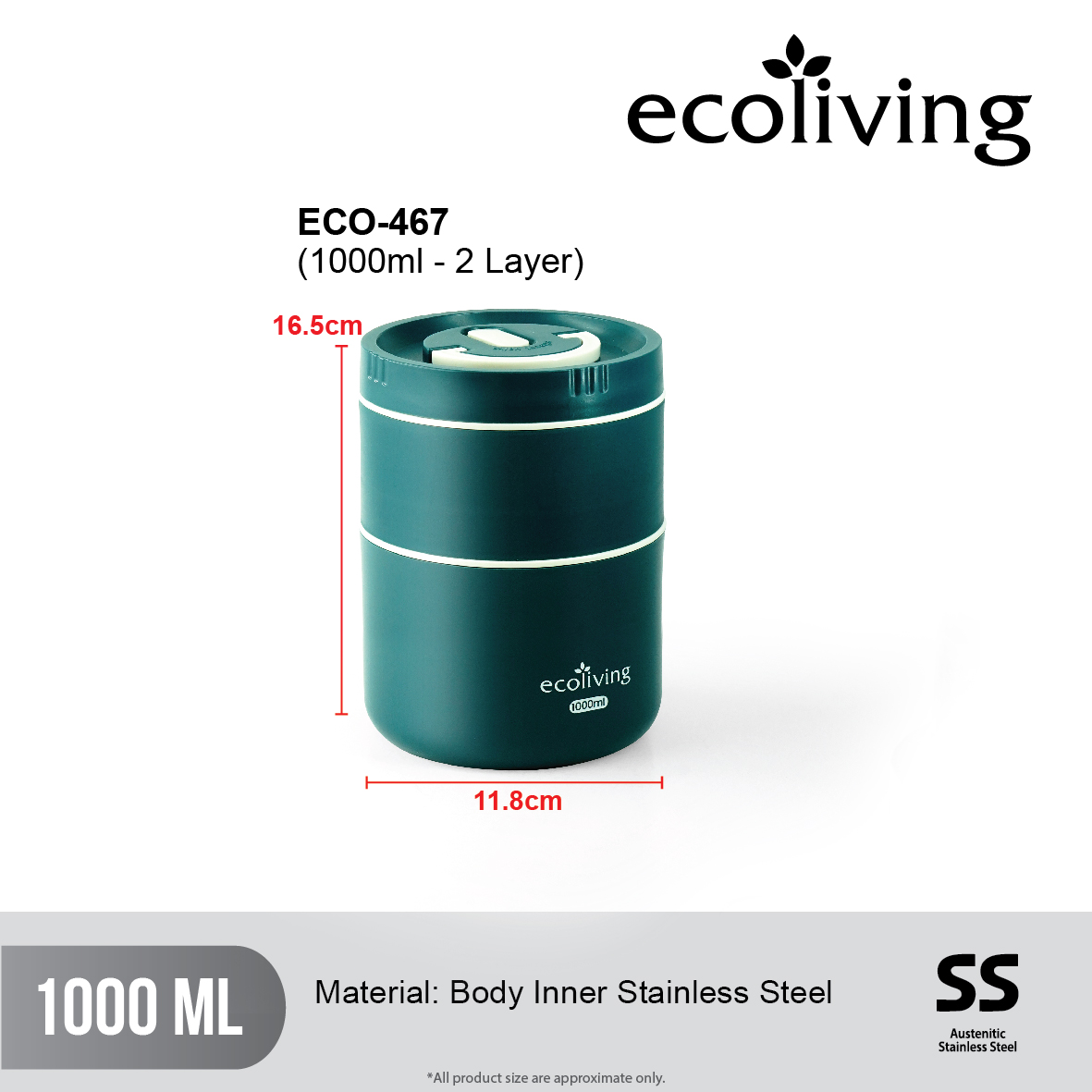 ECO LIVING 700/1000ml 1/2 Layer ECO BENTO Airtight Stainless Steel Lunch Box With Handle, Bekas Makan, ECO-466,ECO-467 - Image 3
