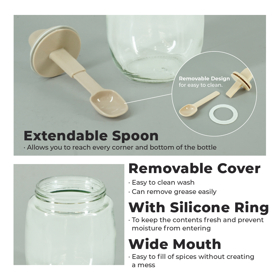 ECO LIVING 300ML Kitchen Glass Condiment Bottle With Spoon,Spice Seasoning Bottle,Bekas Rempah Ratus Bersudu, ECO-62 - Image 5
