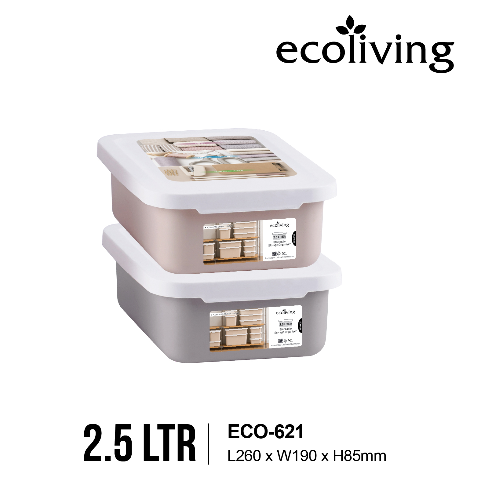 ECO LIVING 2.5-17Ltr Stackable Storage Organizer Box with Lid, Kotak Penyimpanan Serbaguna, ECO-621,622,623,624,625/WH - Image 2
