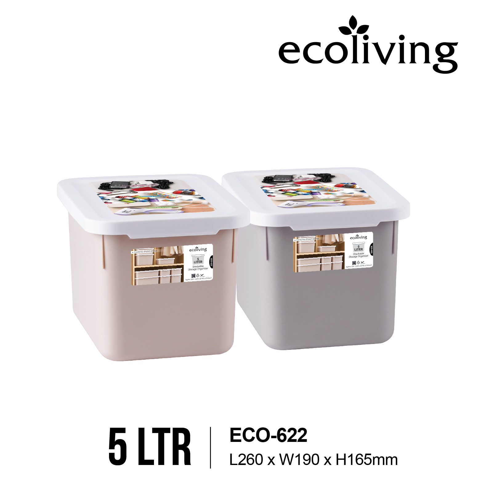 ECO LIVING 2.5-17Ltr Stackable Storage Organizer Box with Lid, Kotak Penyimpanan Serbaguna, ECO-621,622,623,624,625/WH - Image 3