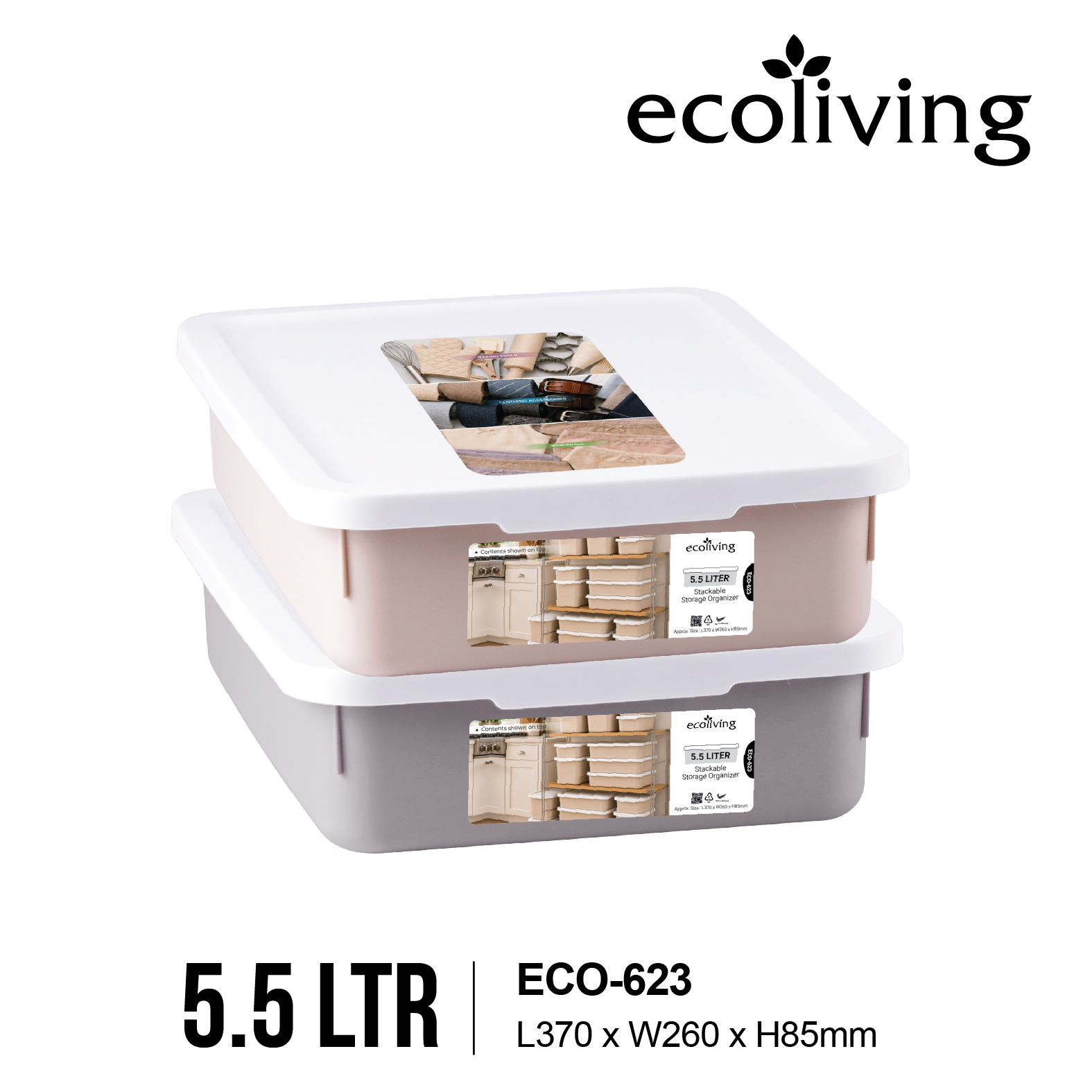 ECO LIVING 2.5-17Ltr Stackable Storage Organizer Box with Lid, Kotak Penyimpanan Serbaguna, ECO-621,622,623,624,625/WH - Image 4