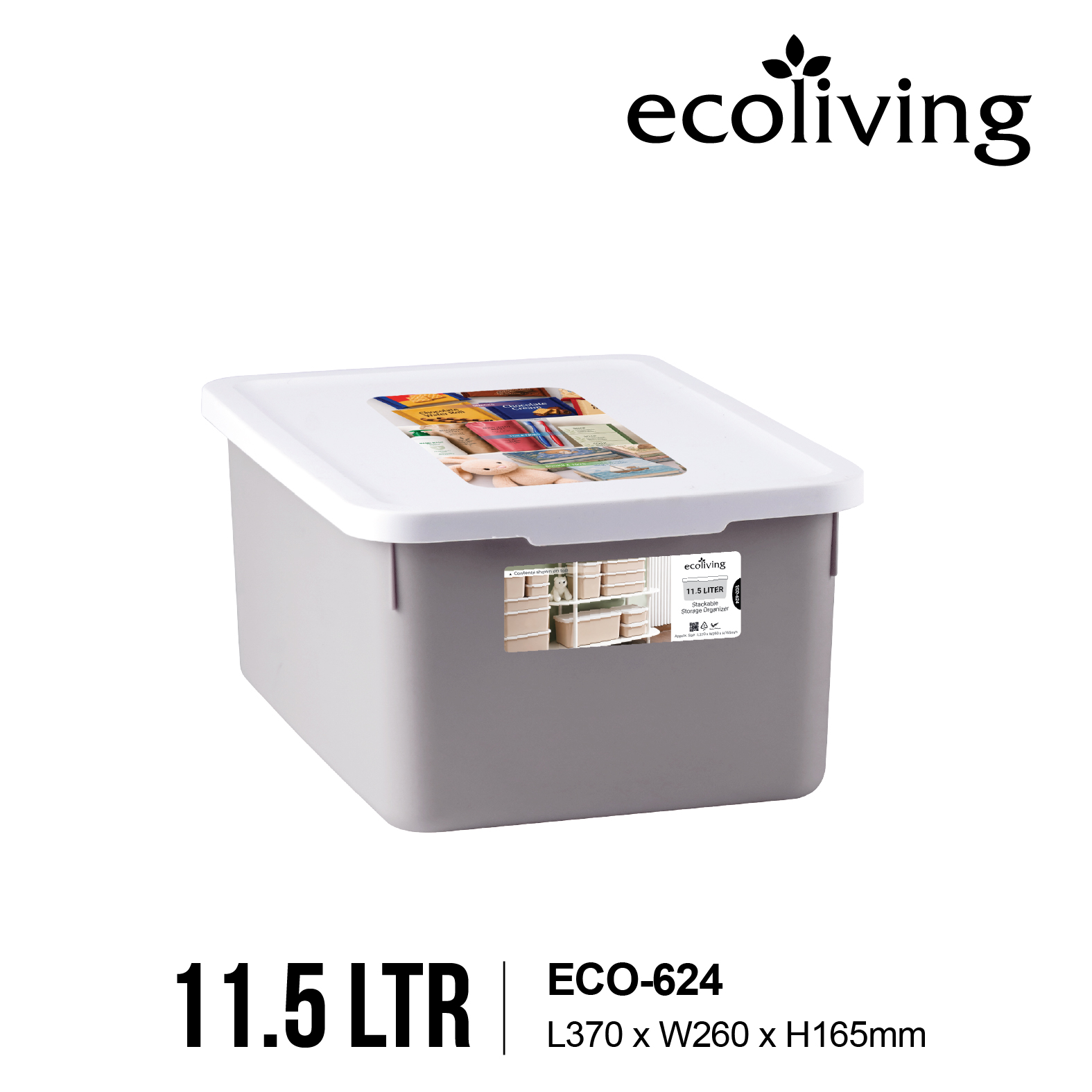 ECO LIVING 2.5-17Ltr Stackable Storage Organizer Box with Lid, Kotak Penyimpanan Serbaguna, ECO-621,622,623,624,625/WH