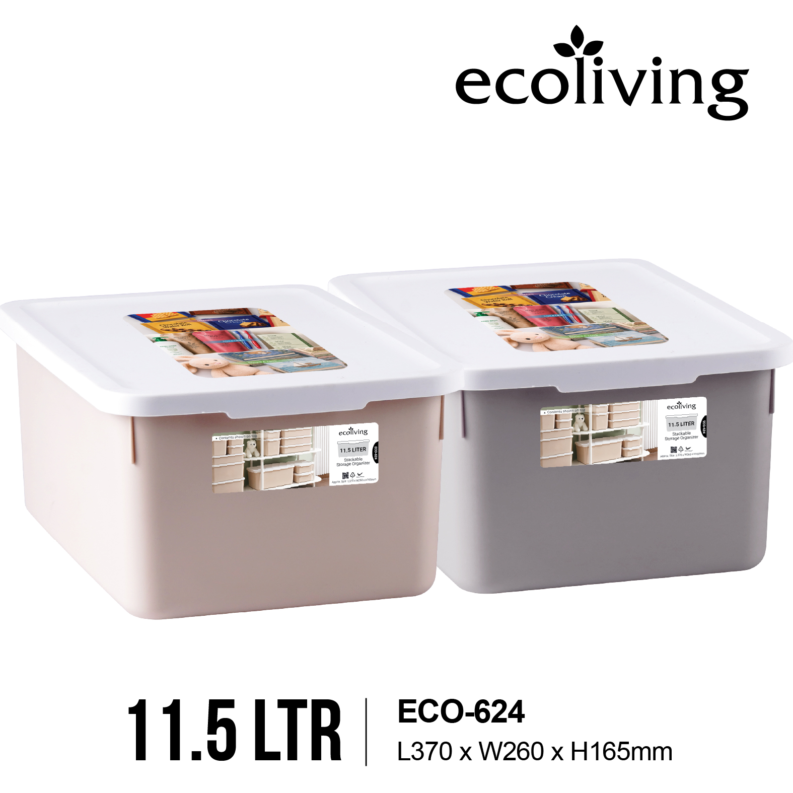 ECO LIVING 2.5-17Ltr Stackable Storage Organizer Box with Lid, Kotak Penyimpanan Serbaguna, ECO-621,622,623,624,625/WH - Image 5