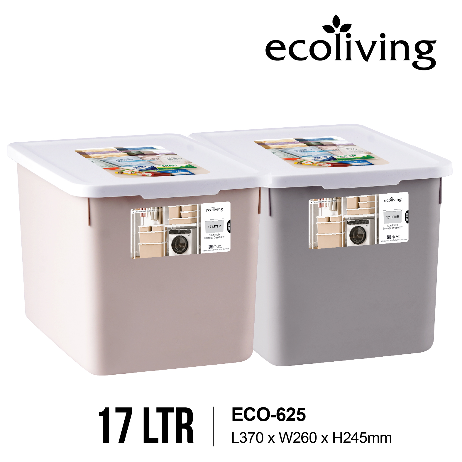 ECO LIVING 2.5-17Ltr Stackable Storage Organizer Box with Lid, Kotak Penyimpanan Serbaguna, ECO-621,622,623,624,625/WH - Image 6