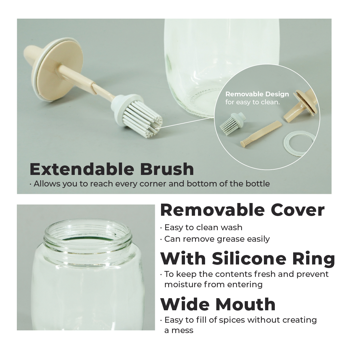 ECO LIVING 300ML Kitchen Glass Condiment Bottle With Brush,Spice Seasoning Bottle,Bekas Rempah Ratus Berberus, ECO-63 - Image 4