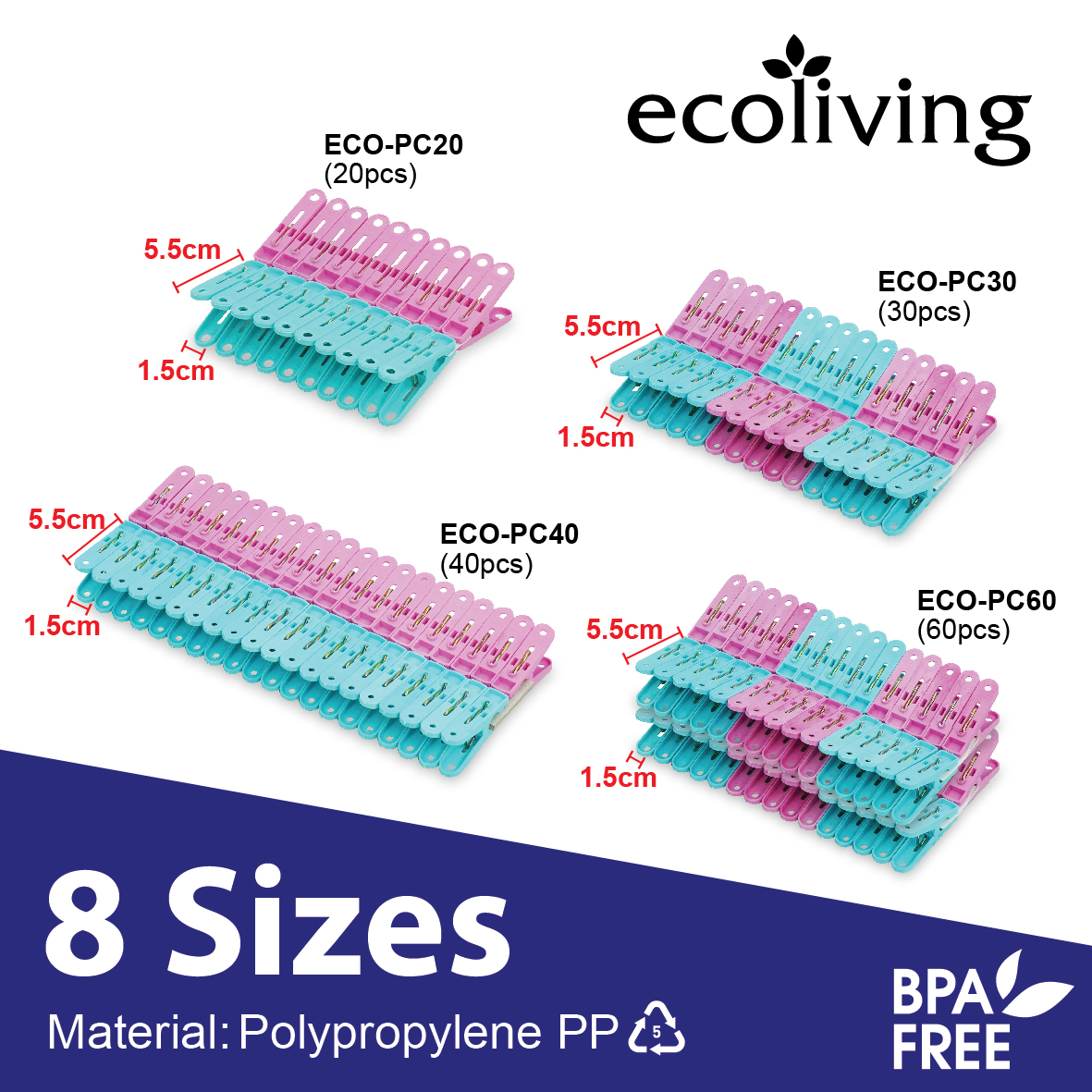 ECO LIVING 20-60Pcs/Pkt Laundry Clothes Pegs,Clothes Drying Clips,Penyepit Baju, ECO-PC20, ECO-PC30, ECO-PC40, ECO-PC60 - Image 2