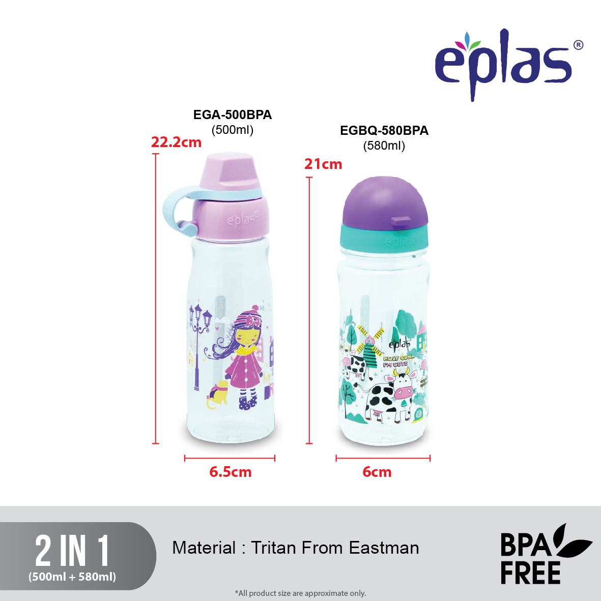 EPLAS KIDS OFFER PACK 2In1 500+580ML Water Bottle Set,Drinking Water Tumbler,Botol Air,BPA Free,EGA-500BPA/EGBQ-580BPA - Image 2