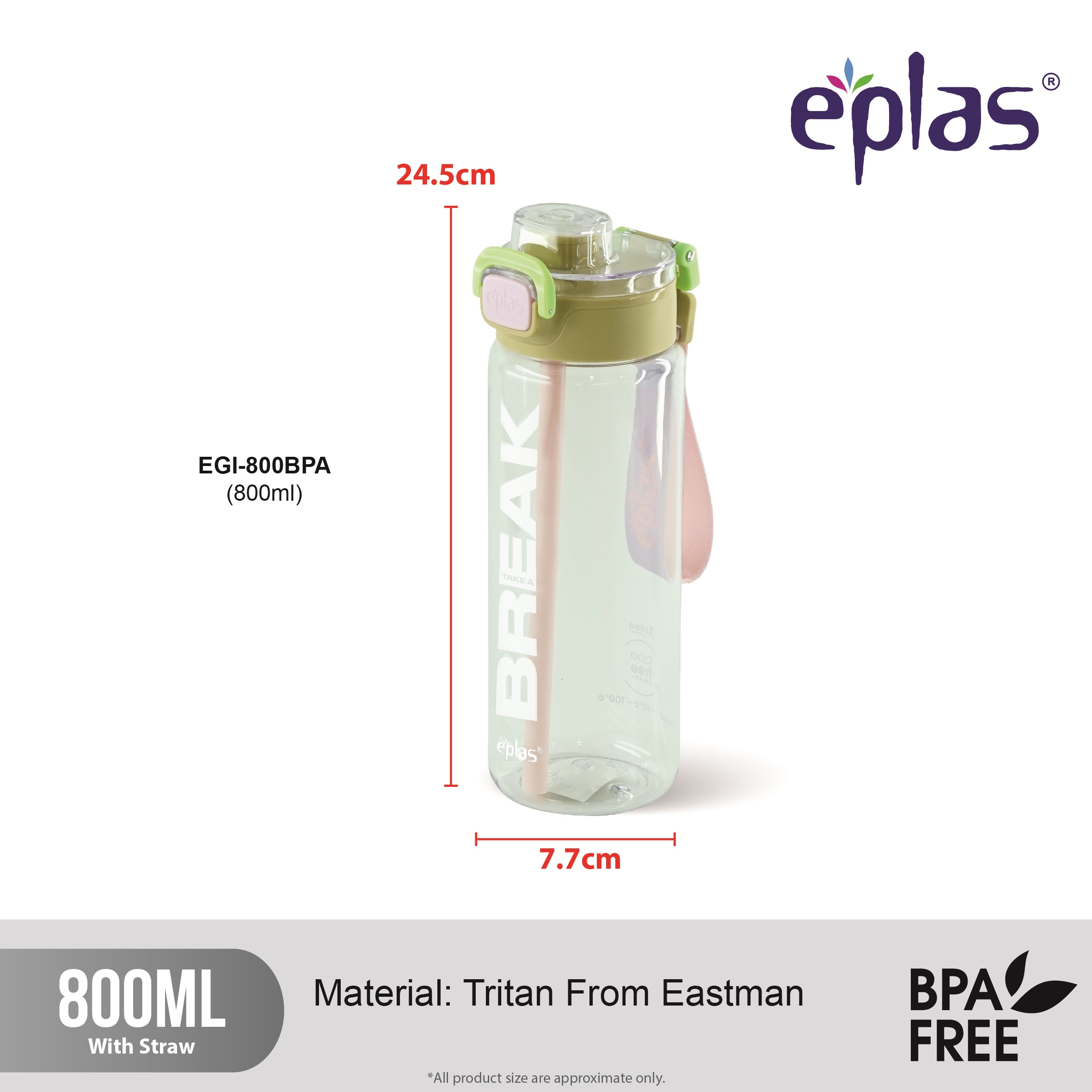 EPLAS GRAPHIC 800ml 2 Way Spout One Touch Water Bottle W/Straw Handle&Safety Lock,Graphic Bottle,Botol Air,EGI-800BPA - Image 2