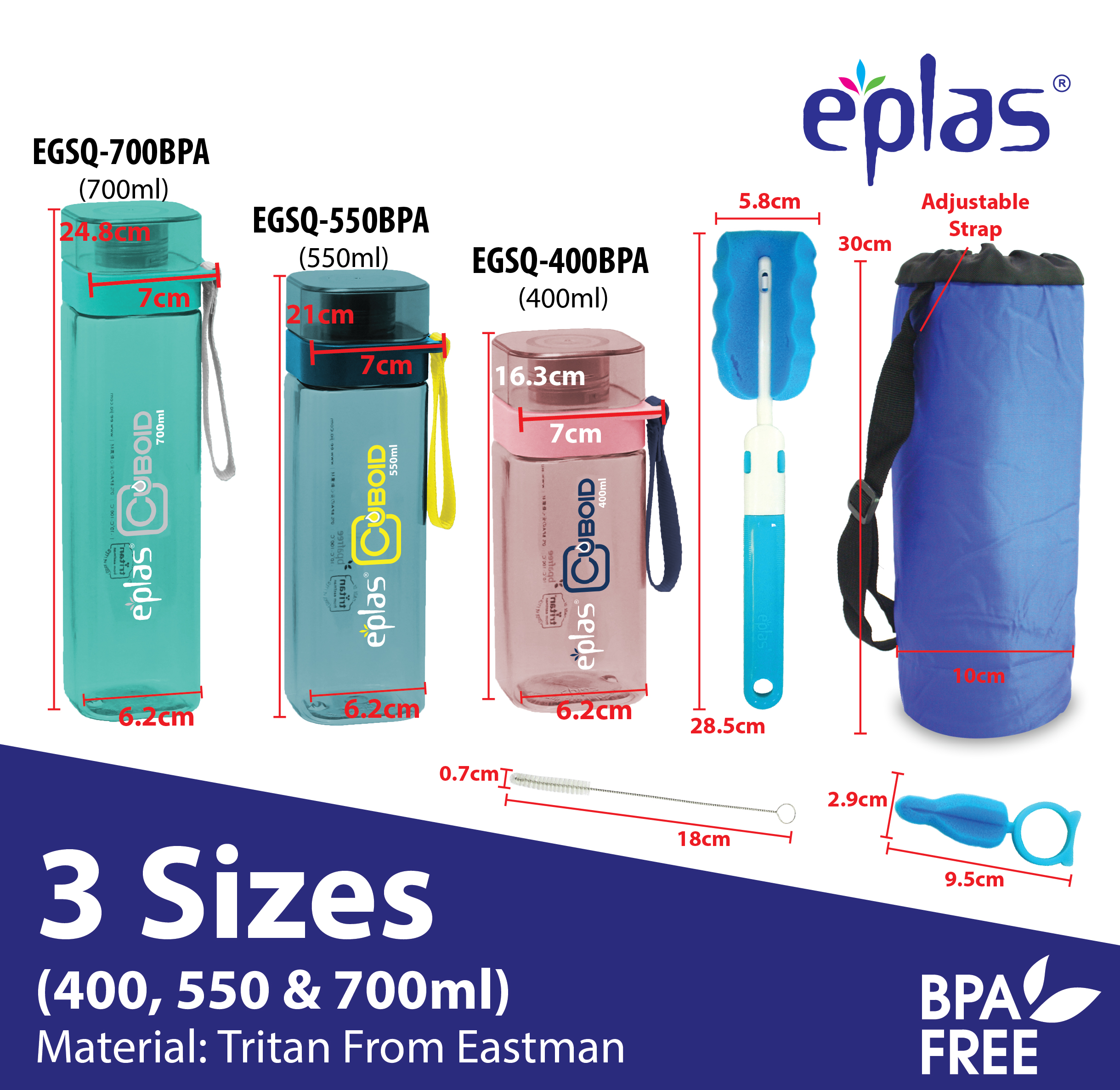 EPLAS MODERN Sport Water Bottle, Square Travel Bottle, Water Tumbler, Botol Air, EGSQ-400BPA,EGSQ-550BPA,EGSQ-700BPA/OD - Image 2