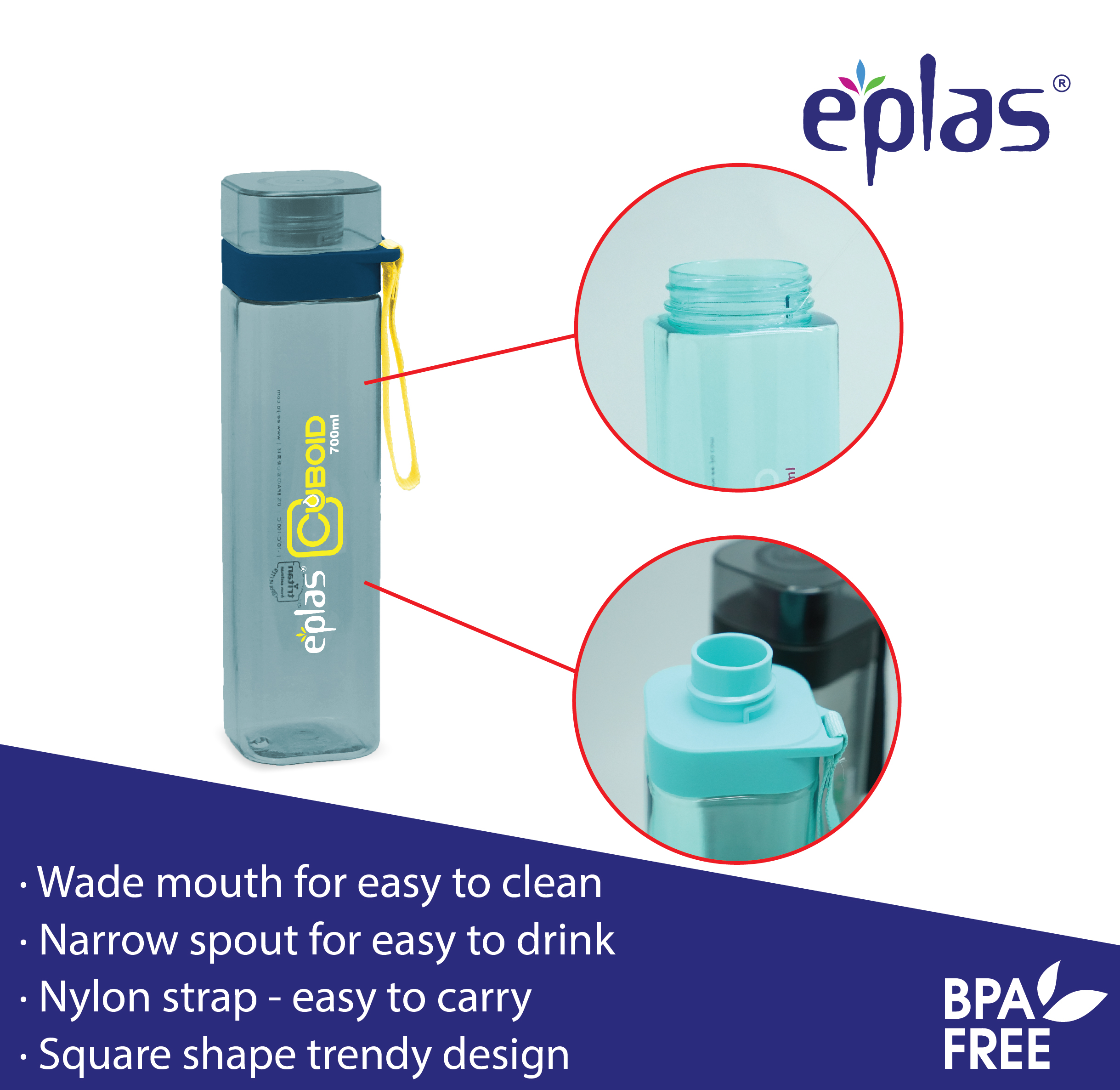 EPLAS MODERN Sport Water Bottle, Square Travel Bottle, Water Tumbler, Botol Air, EGSQ-400BPA,EGSQ-550BPA,EGSQ-700BPA/OD - Image 3