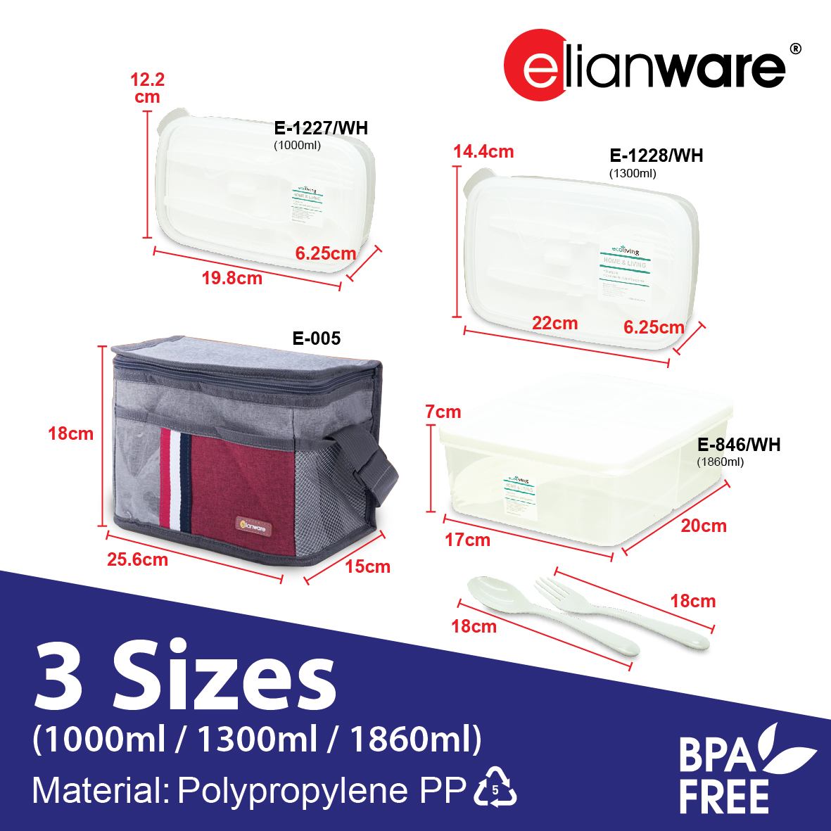 ELIANWARE OFFER PACK 2/3 Compartments Airtight Bento Lunch Box W/Fork & Spoon W/Beg, E-1227/WH, E-1228/WH - Image 2