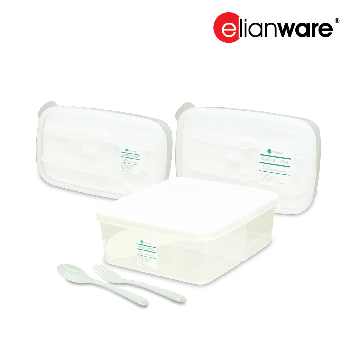 ELIANWARE OFFER PACK 2/3 Compartments Airtight Bento Lunch Box W/Fork & Spoon W/Beg, E-1227/WH, E-1228/WH - Image 3