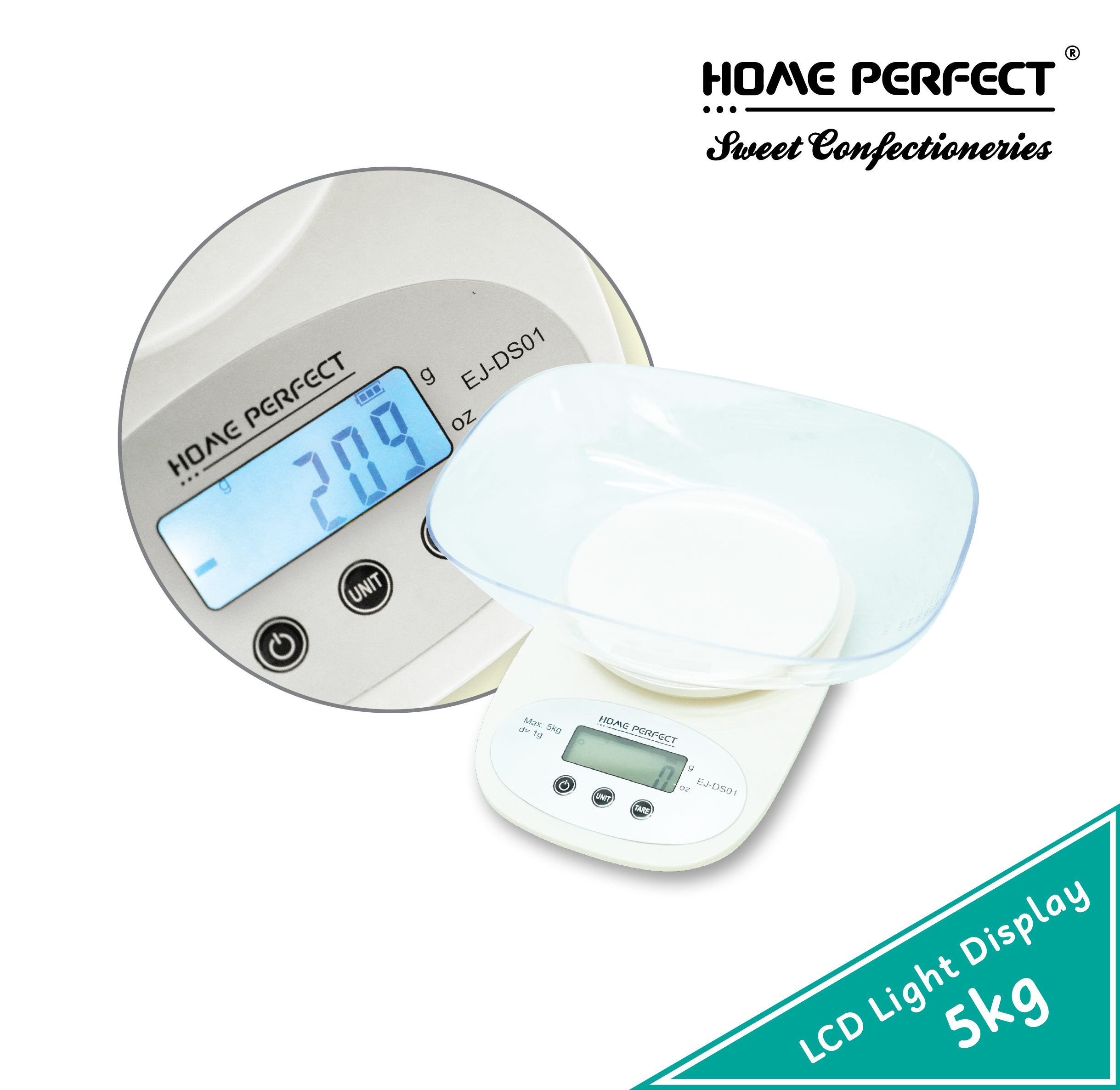 HOME PERFECT Kitchen Digital Electronic LCD Scale With Measuring Bowl (5 Kg), Multi-Function, Penimbang Dapur, EJ-DS01