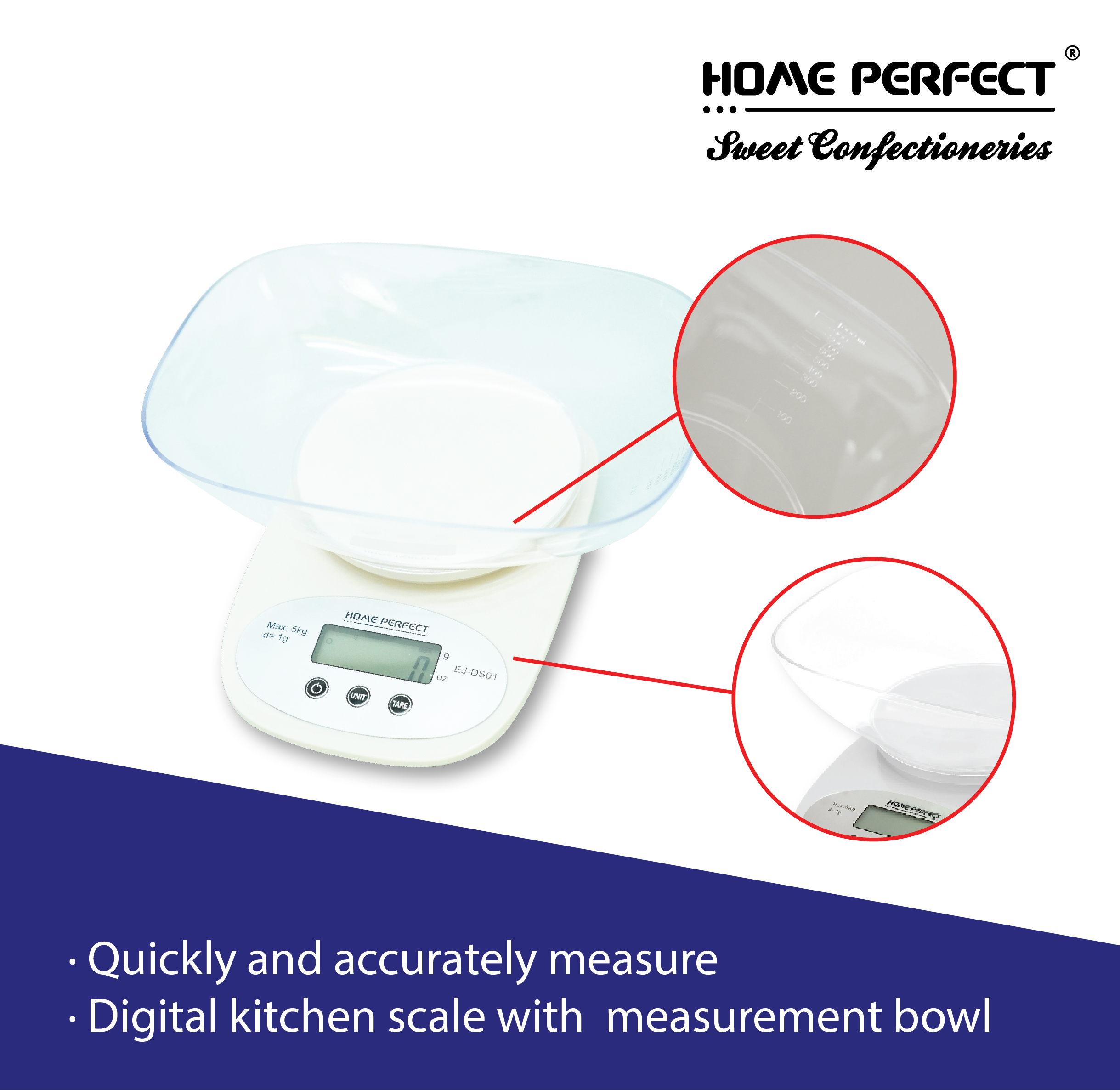 HOME PERFECT Kitchen Digital Electronic LCD Scale With Measuring Bowl (5 Kg), Multi-Function, Penimbang Dapur, EJ-DS01 - Image 5