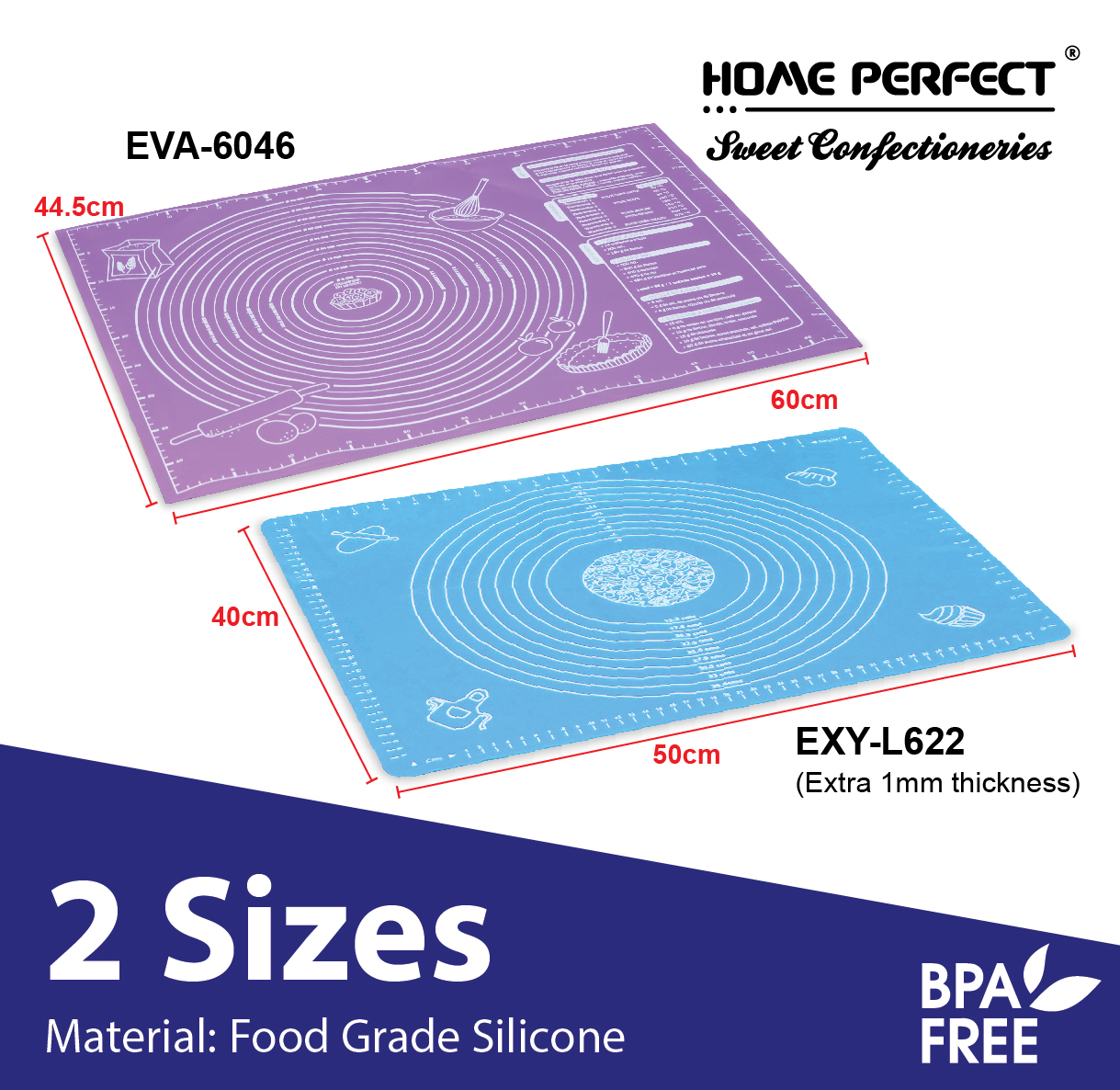 HOME PERFECT Silicone Baking Mat Dough Pad W/Measurement,Non-Stick Flour Rolling Mat,Tikar Pembakar6, EXY-L622 - Image 2