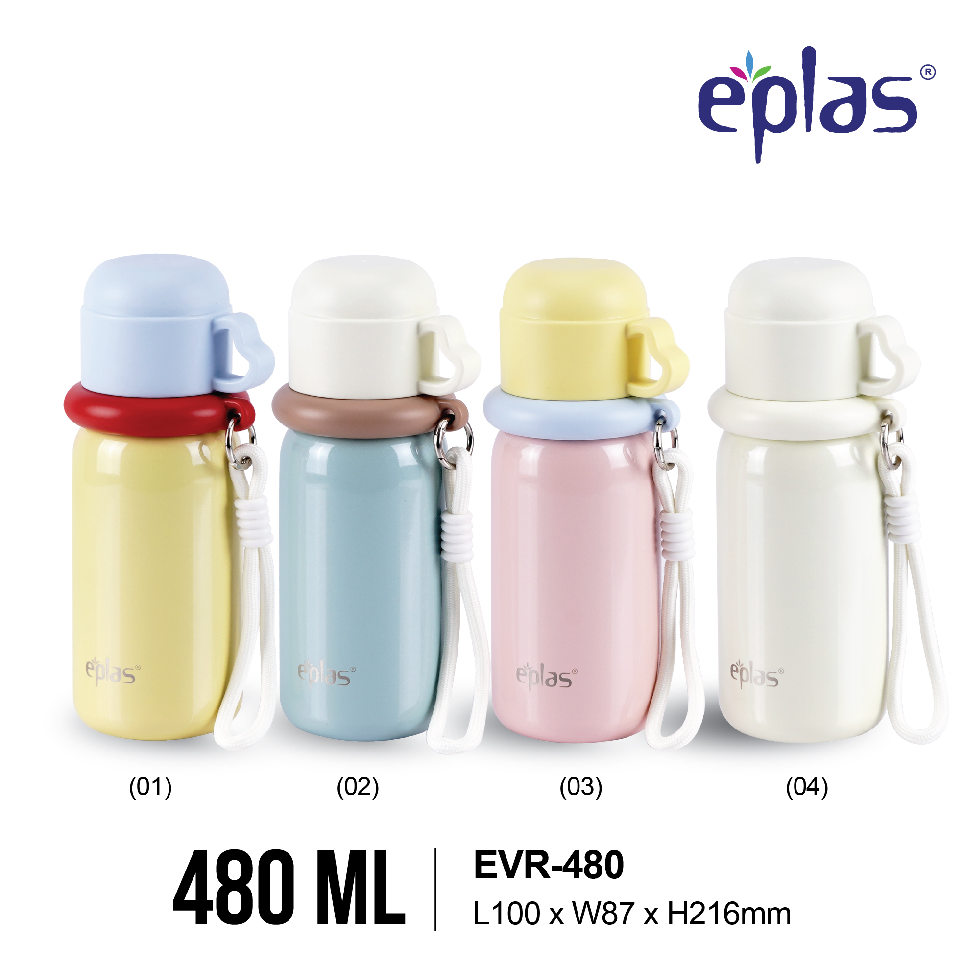 EPLAS THERMAL 480ML Macaron Handy Stainless Steel Thermal Bottle with Strap Handle and Cup, Botol Terma,EVR-480
