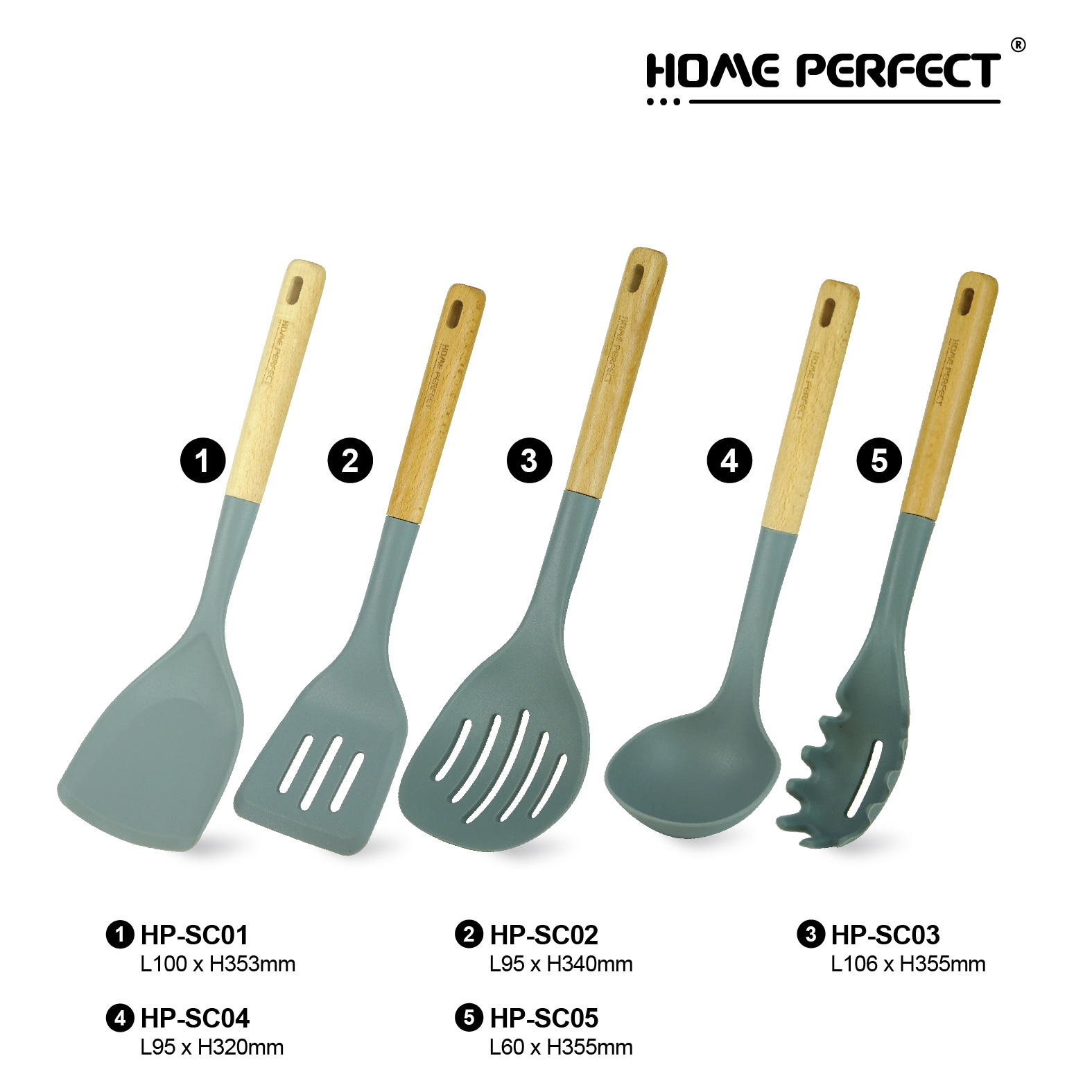 HOME PERFECT Silicone Non-Scratch Kitchen Utensils W/Hang Hole,Slotted Turner/Spoon,Ladle,Pasta Server, HP-SC01, HP-SC02 - Image 3