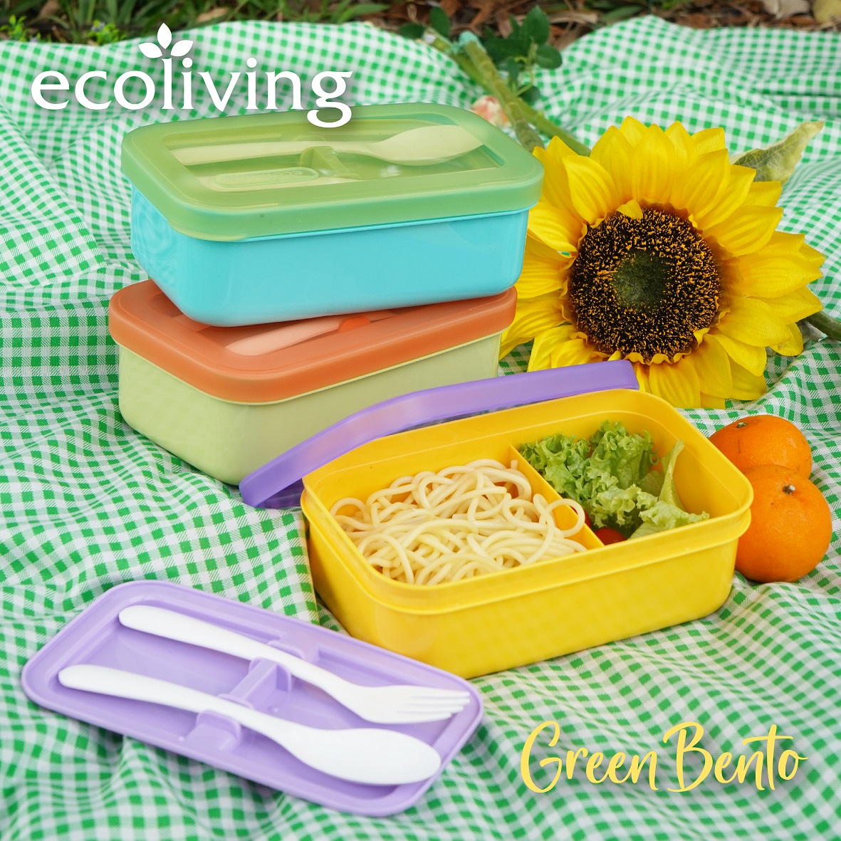 ECO LIVING 1300ml Compartment Colorful Bento Lunch Box With Fork Spoon,  Food Container, Bekas Makanan, ECO-1005