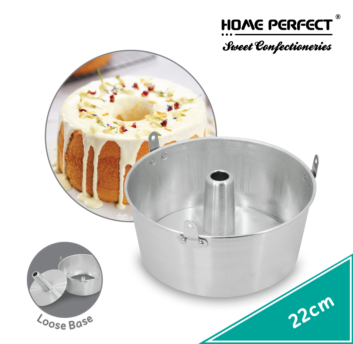 HOME PERFECT 16-26cm Aluminium Chiffon Cake Tin Mould W/Loose Base & Stand,  Loyang Acuan Kek Siffon,A0316,A0318,A0320,A0322,A0324,A0326 – EPLAS