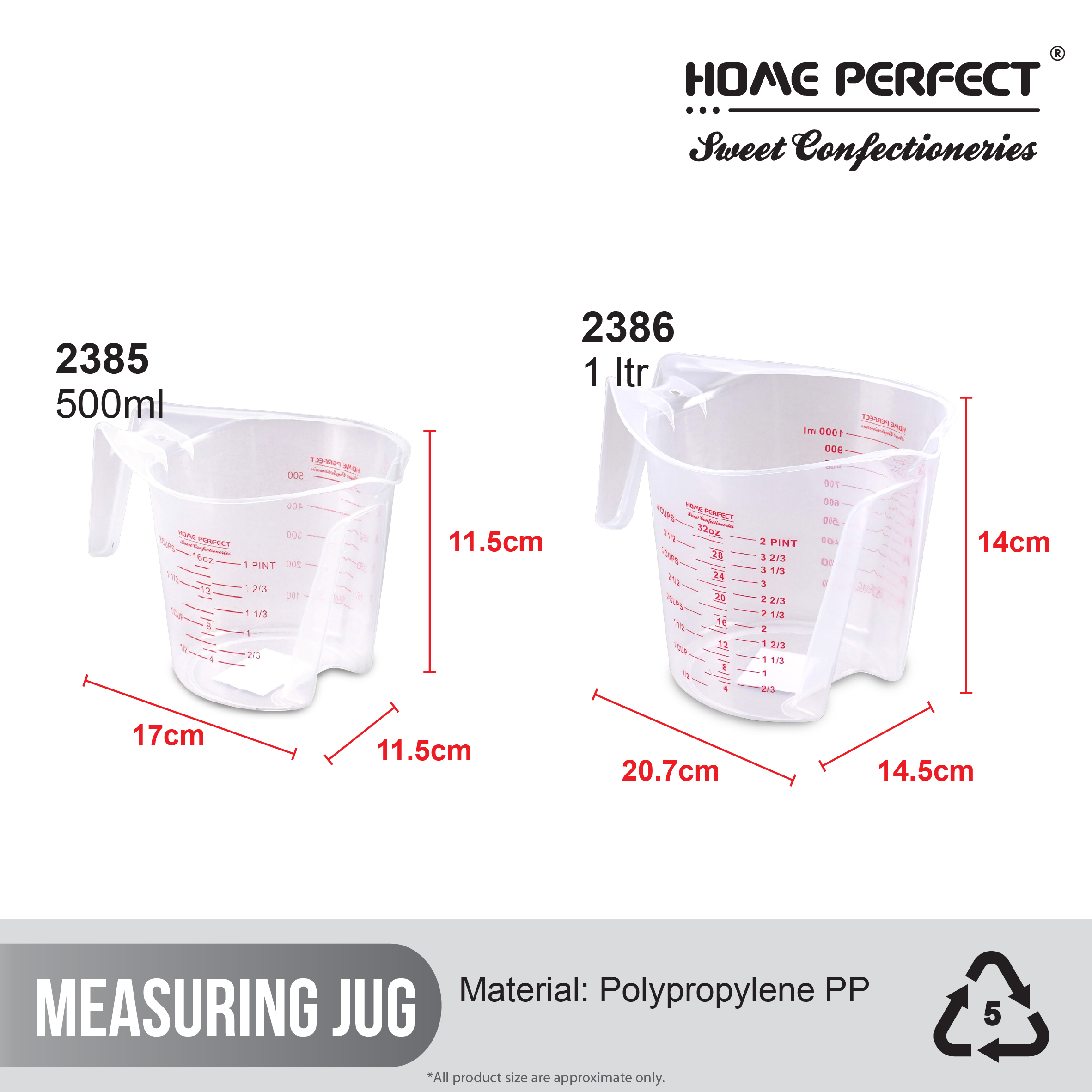 HOME PERFECT 250/500/1000ml Transparent Beaker Measuring Cup Jug W/Handle & Scale,Cawan Penyukat,2384,2385,2386 - Image 2