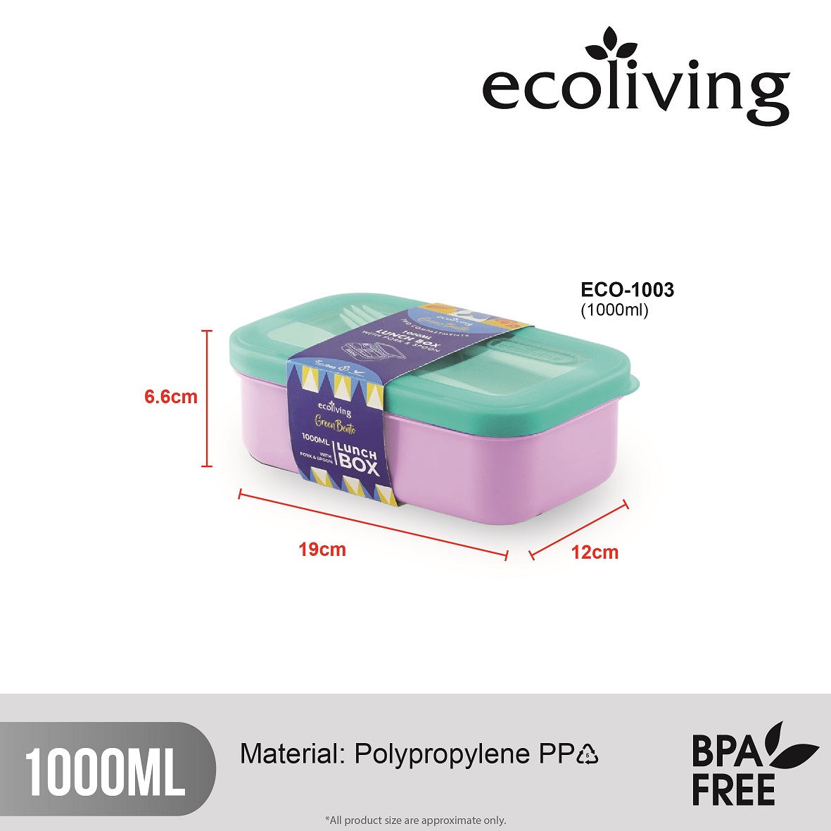ECO LIVING 1000ml 2 Compartment Colorful Bento Lunch Box With Fork & Spoon, Food Container, Bekas Makanan, ECO-1003 - Image 2
