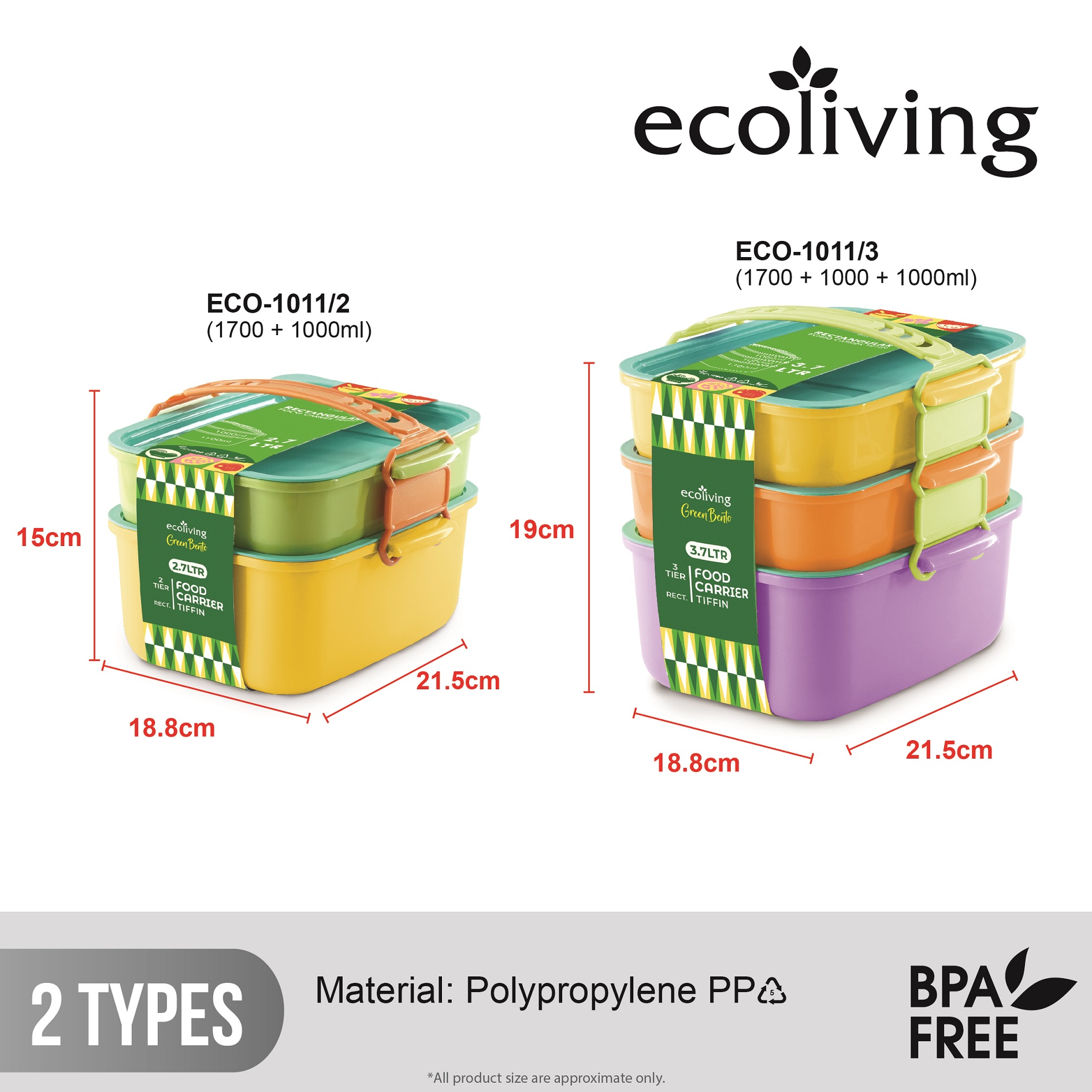 ECO LIVING 2/3 Tier Rectangular Bento Lunch Box Food Carrier, Bekas Makanan, BPA Free, ECO-1011/2, ECO-1011/3 - Image 3