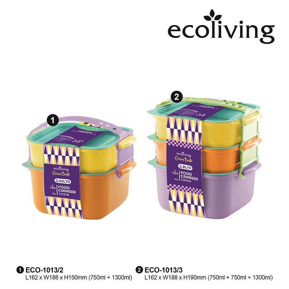 ECO LIVING 2/3 Tier Square Bento Lunch Box Food Carrier, Bekas Makanan, BPA Free, ECO-1013/2, ECO-1013/3 - Image 8
