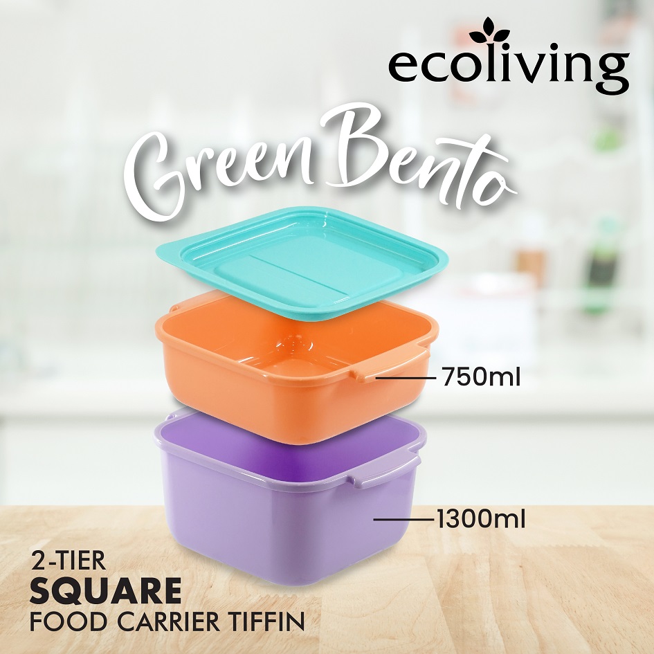 ECO LIVING 2/3 Tier Square Bento Lunch Box Food Carrier, Bekas Makanan, BPA Free, ECO-1013/2, ECO-1013/3 - Image 6