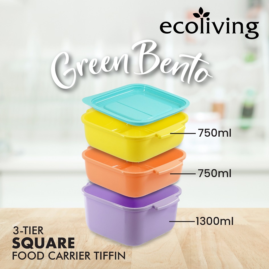 ECO LIVING 2/3 Tier Square Bento Lunch Box Food Carrier, Bekas Makanan, BPA Free, ECO-1013/2, ECO-1013/3 - Image 5