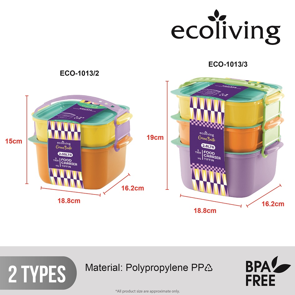 ECO LIVING 2/3 Tier Square Bento Lunch Box Food Carrier, Bekas Makanan, BPA Free, ECO-1013/2, ECO-1013/3 - Image 2